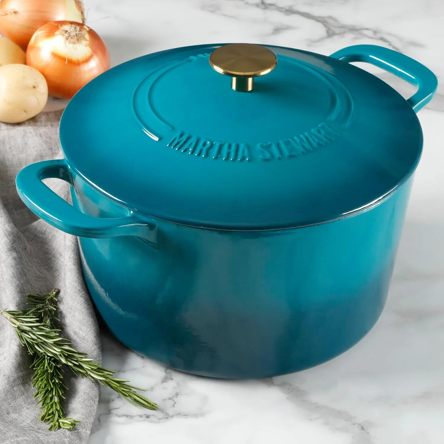 Martha Stewart Gatwick 7 QT Enamel Cast Iron Dutch Oven, Emerald Ombre w/Gold Knob