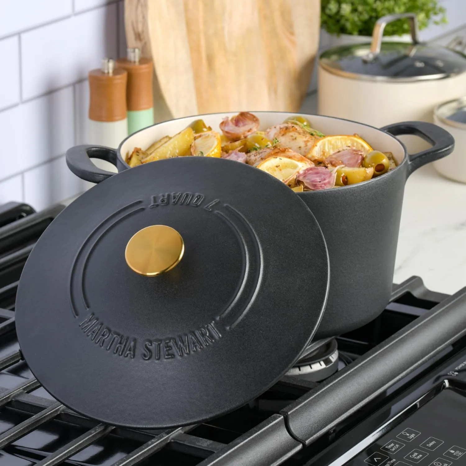 MARTHA STEWART Gatwick 7 QT Enamel Cast Iron Dutch Oven, Matte Black
