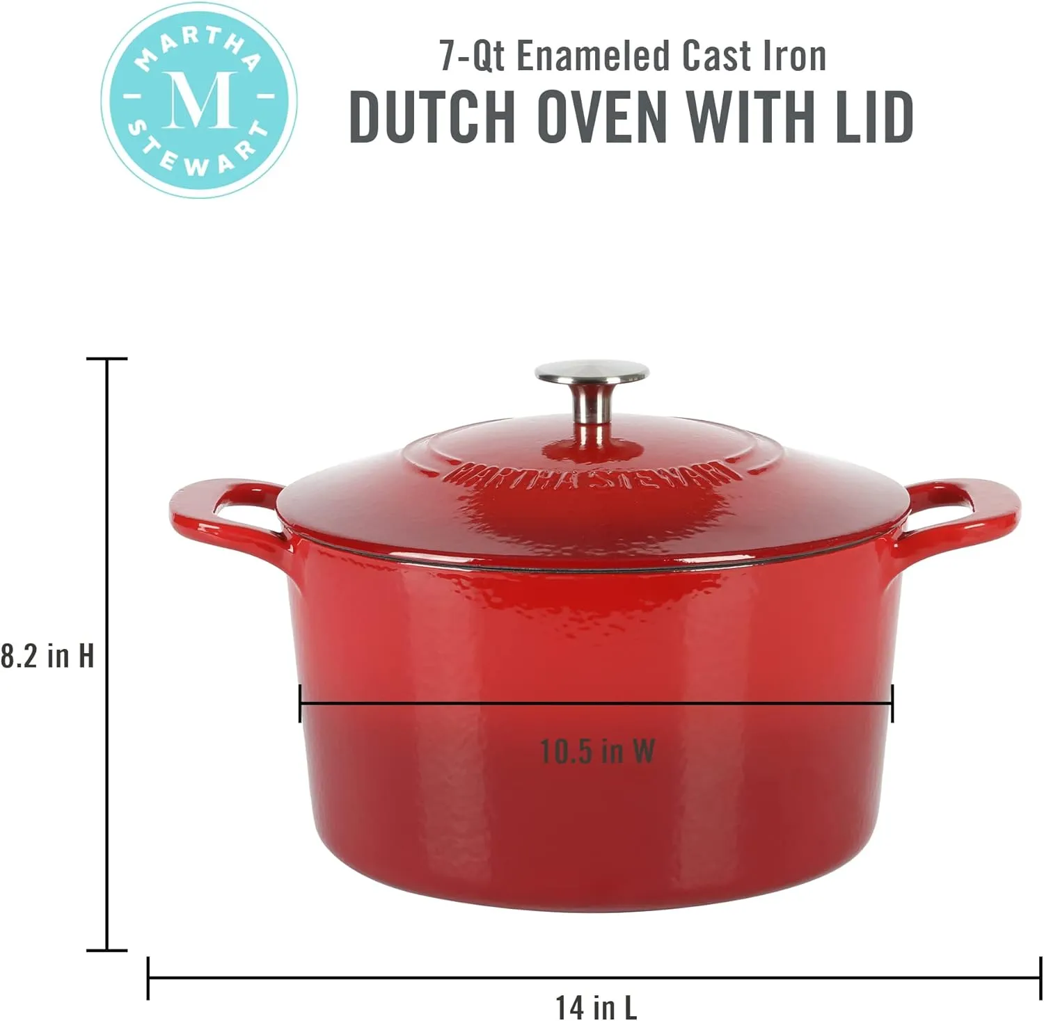 MARTHA STEWART Gatwick 7 QT Enamel Cast Iron Dutch Oven, Red Ombre