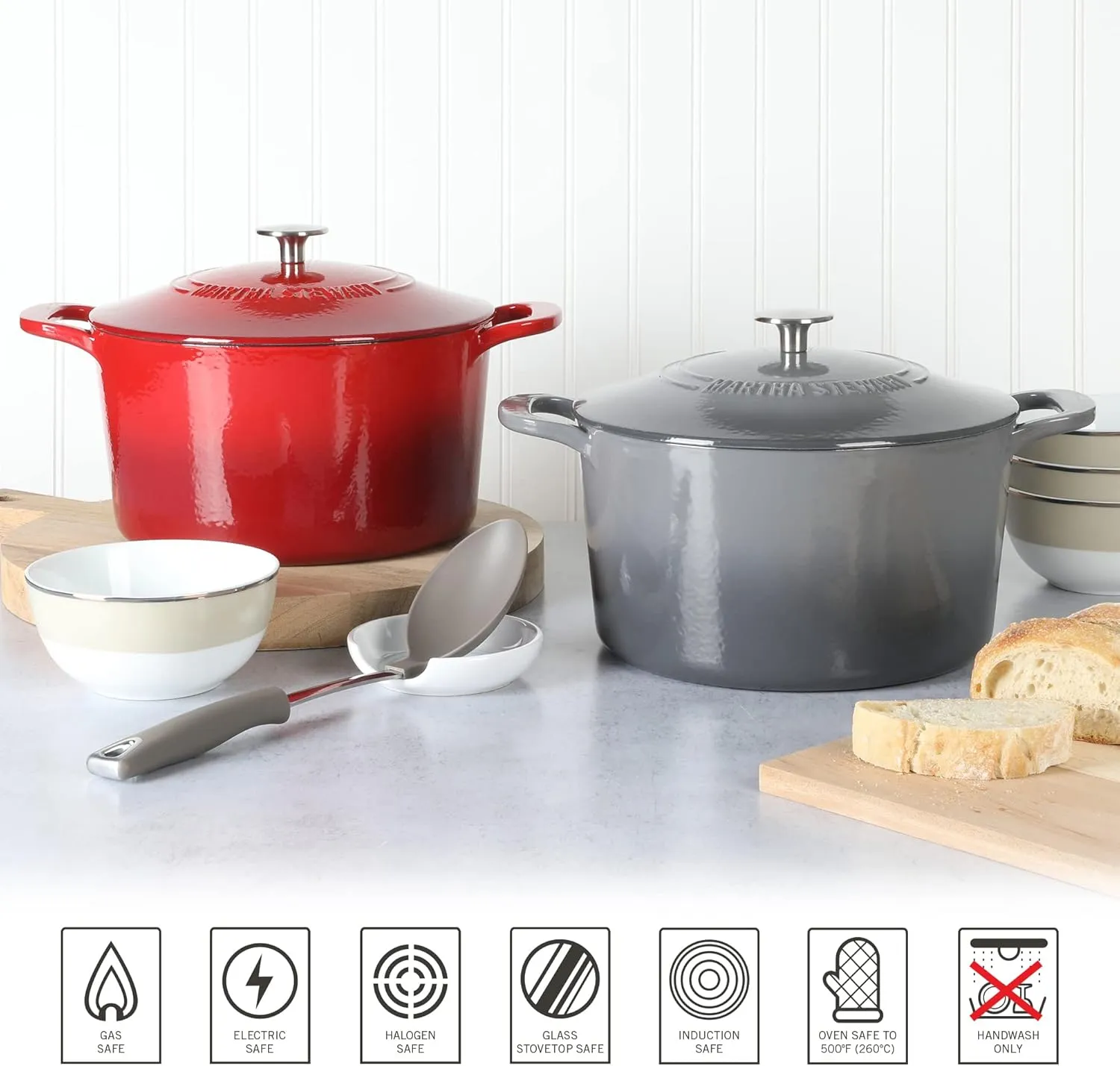 MARTHA STEWART Gatwick 7 QT Enamel Cast Iron Dutch Oven, Red Ombre