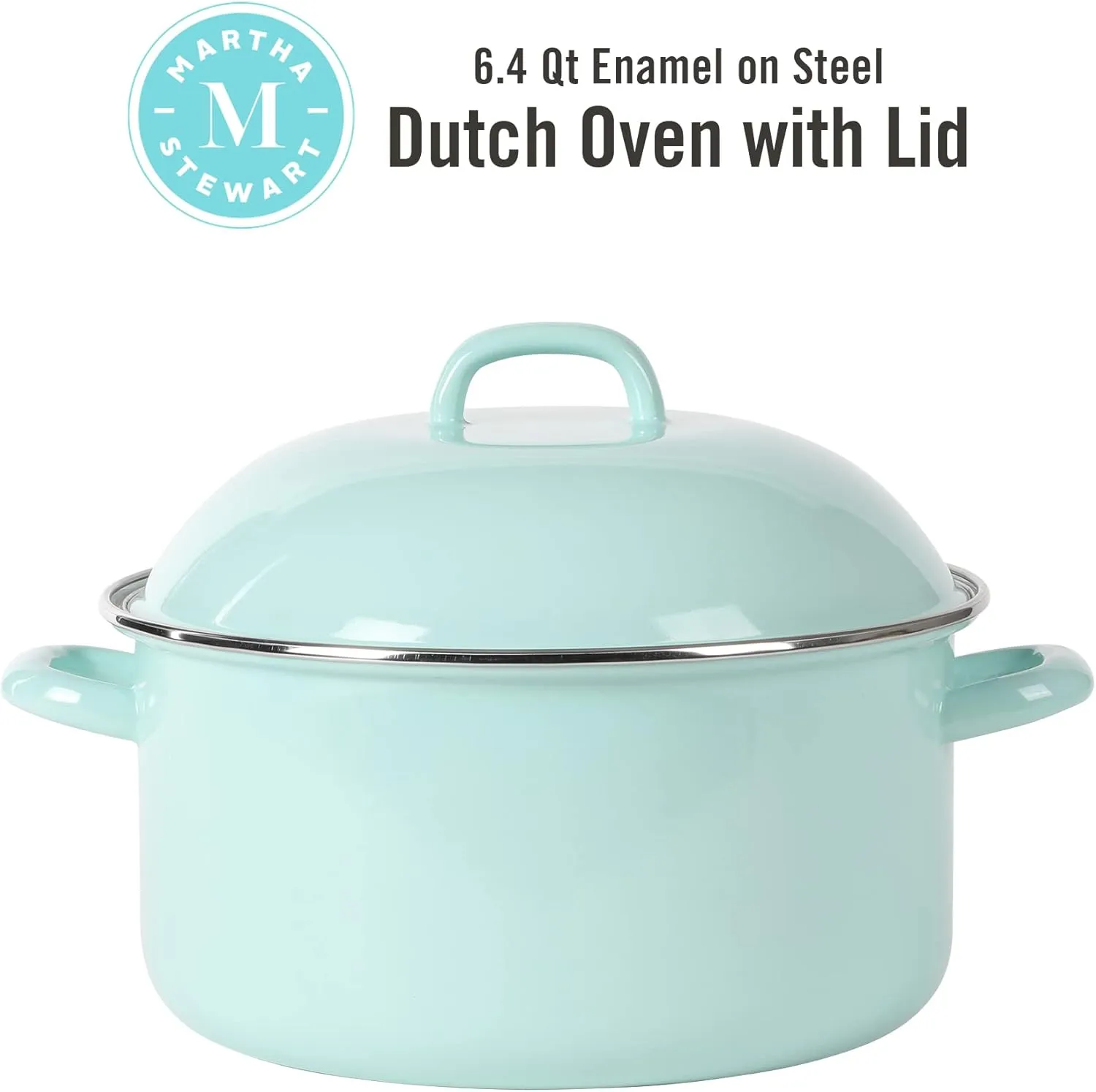 Martha Stewart Thayer 6.4-Quart Enamel On Steel Scratch Resistant Dutch Oven w/Lid - Martha Blue, Induction Safe