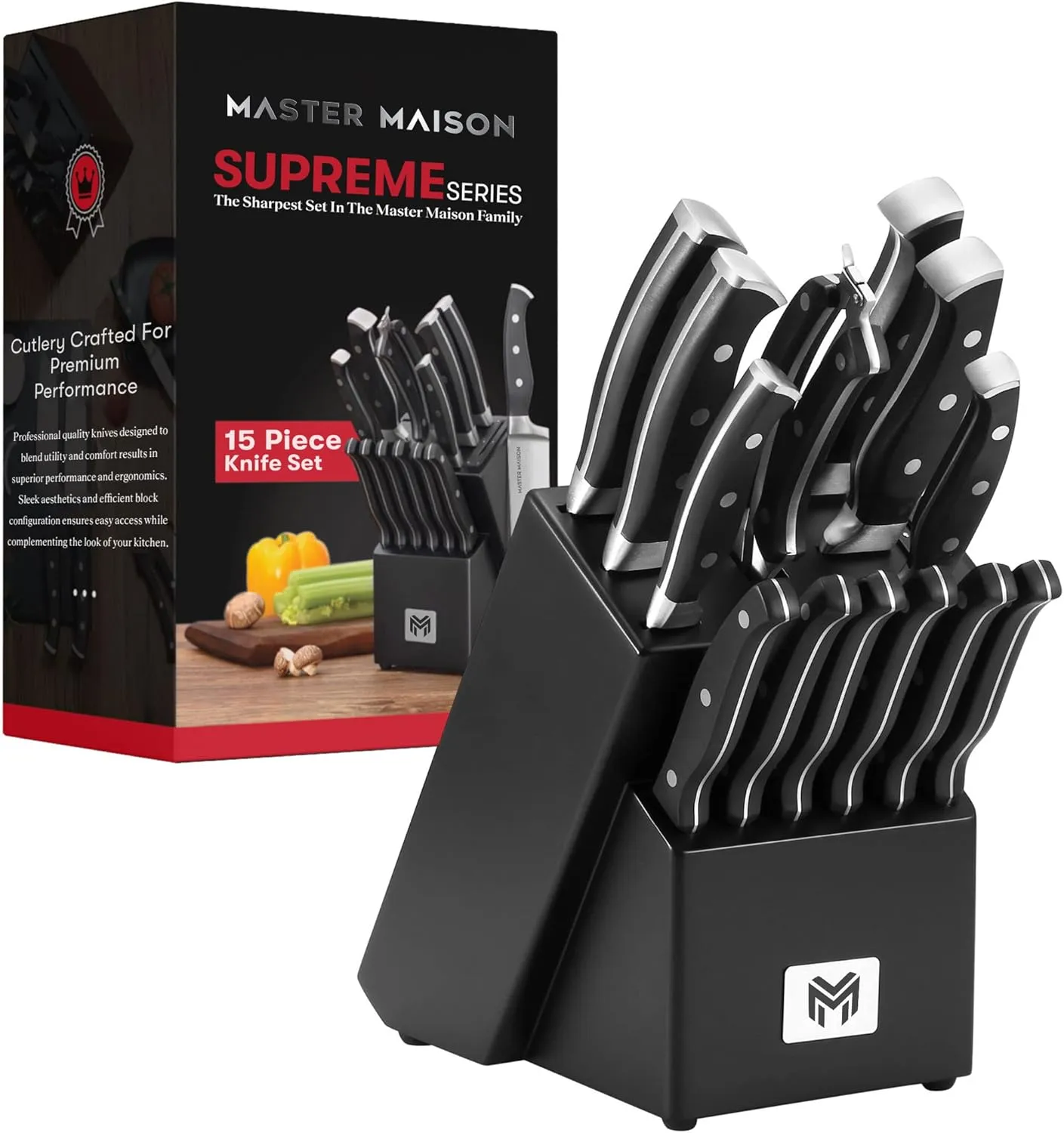 Master Maison 15-Piece Kitchen Knife Set - Wooden Knife Block Set with Sharpener - Chef, Utility, and Steak Knives - Stainless Steel Blades for Professional Cooking - Black