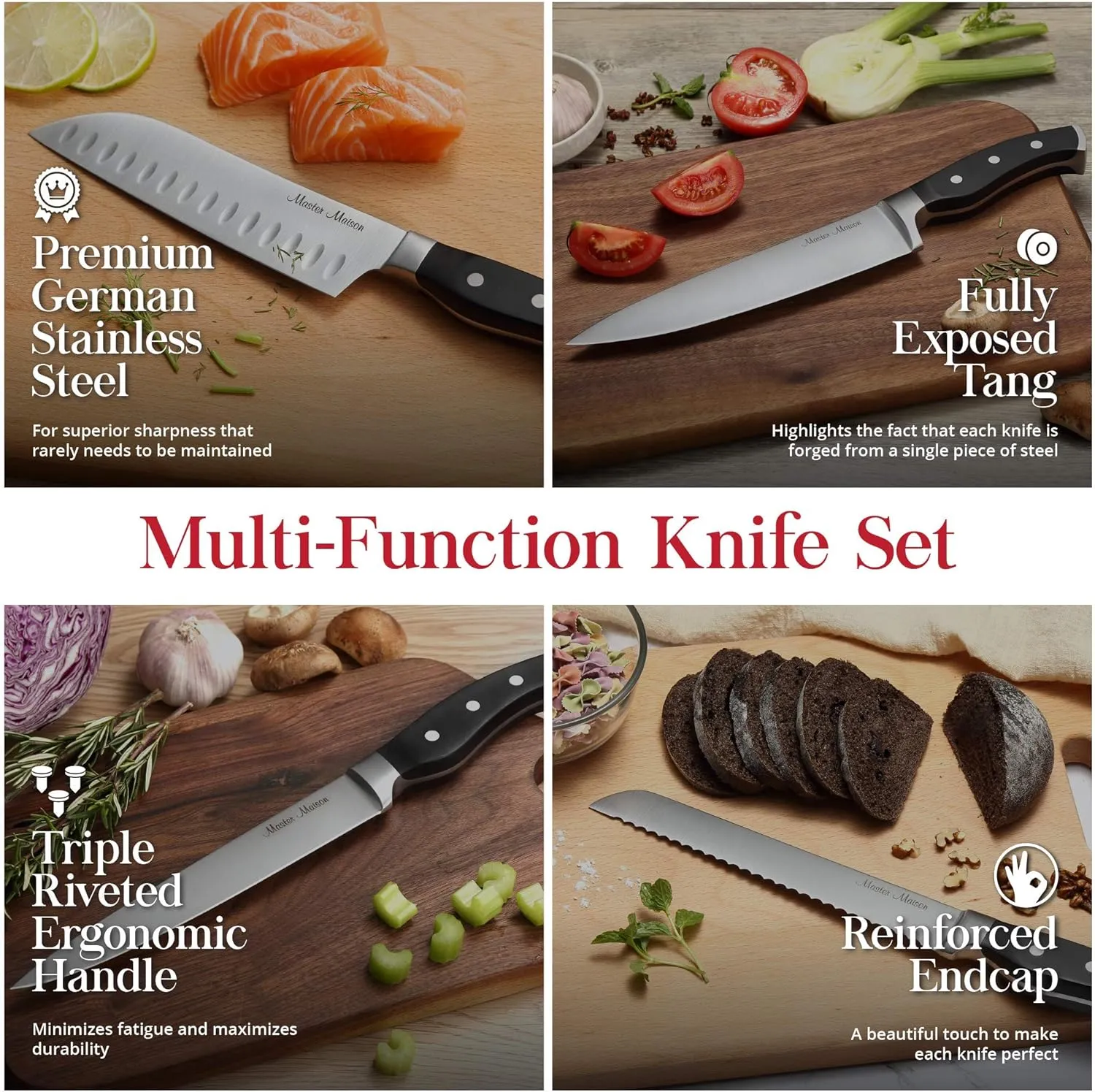 Master Maison 15-Piece Kitchen Knife Set - Wooden Knife Block Set with Sharpener - Chef, Utility, and Steak Knives - Stainless Steel Blades for Professional Cooking - Black