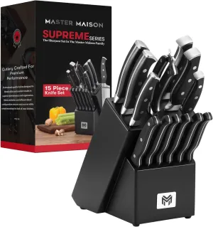 Master Maison 15-Piece Kitchen Knife Set - Wooden Knife Block Set with Sharpener - Chef, Utility, and Steak Knives - Stainless Steel Blades for Professional Cooking - Black