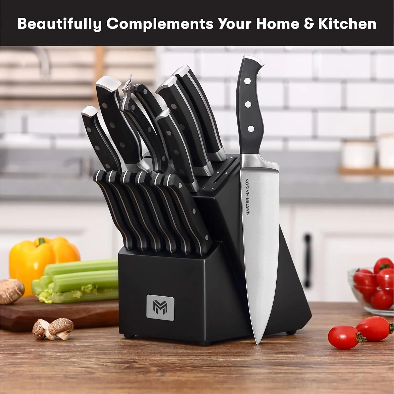 Master Maison 15-Piece Kitchen Knife Set - Wooden Knife Block Set with Sharpener - Chef, Utility, and Steak Knives - Stainless Steel Blades for Professional Cooking - Black