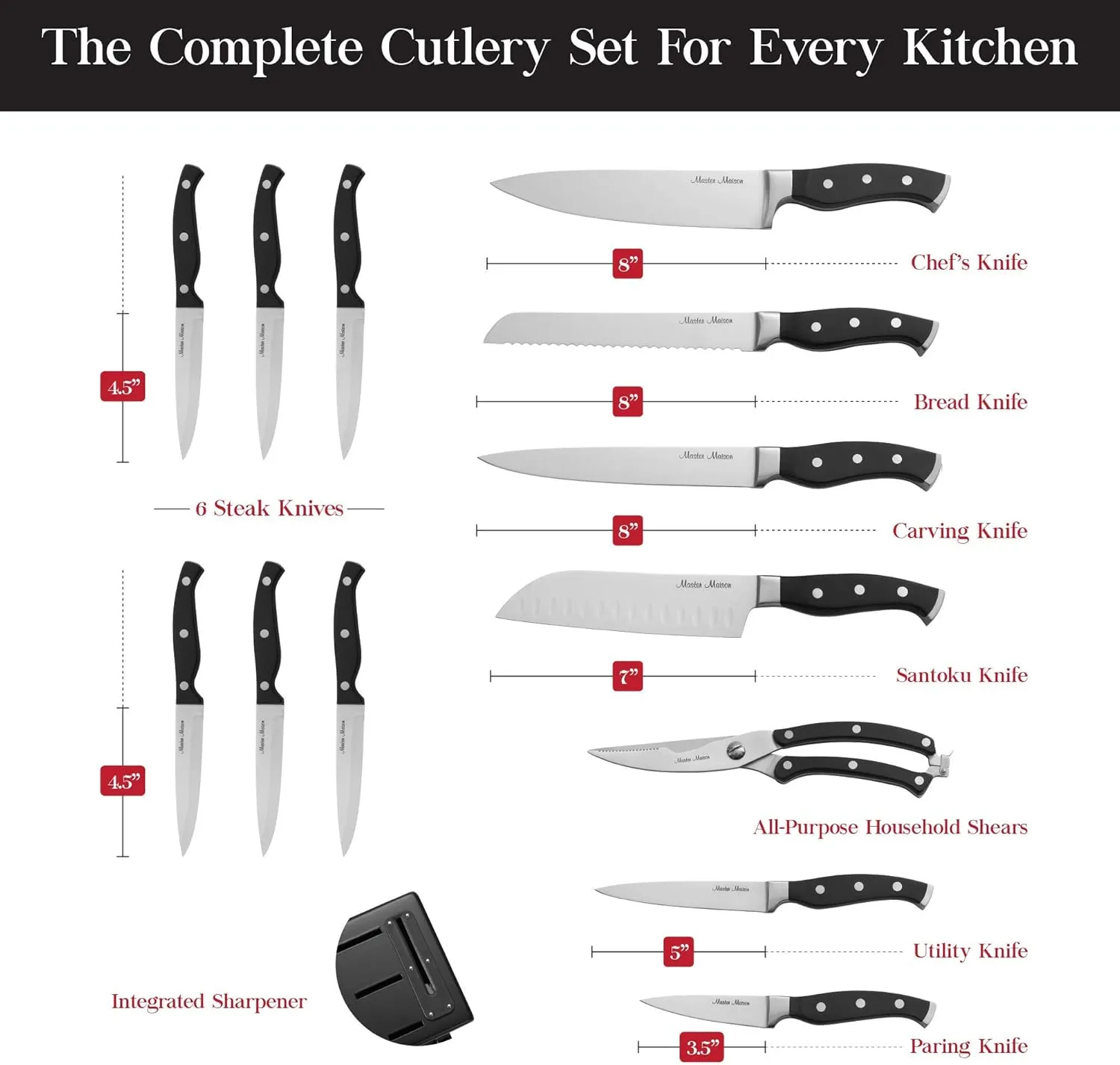 Master Maison 15-Piece Kitchen Knife Set - Wooden Knife Block Set with Sharpener - Chef, Utility, and Steak Knives - Stainless Steel Blades for Professional Cooking - Black