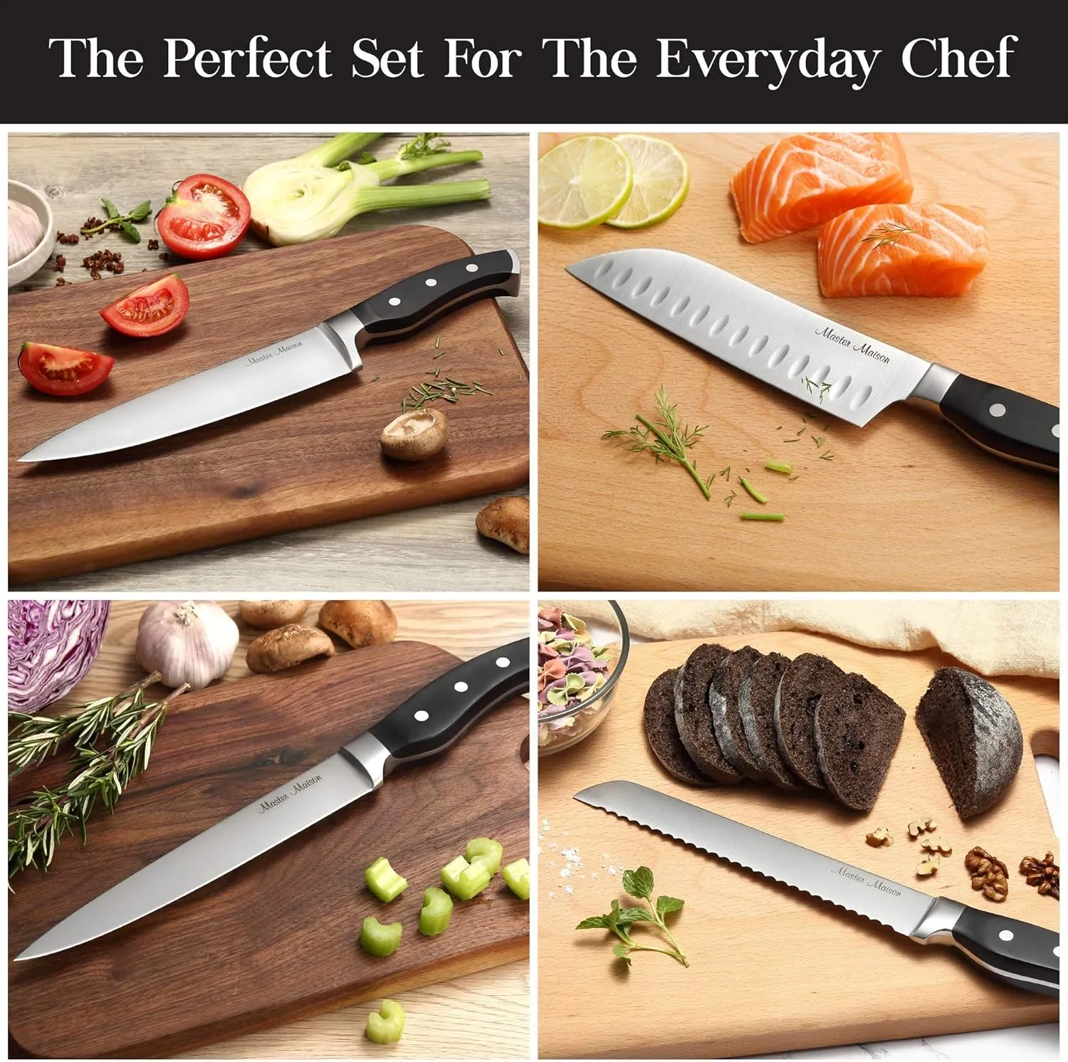 Master Maison 15-Piece Kitchen Knife Set - Wooden Knife Block Set with Sharpener - Chef, Utility, and Steak Knives - Stainless Steel Blades for Professional Cooking - Black