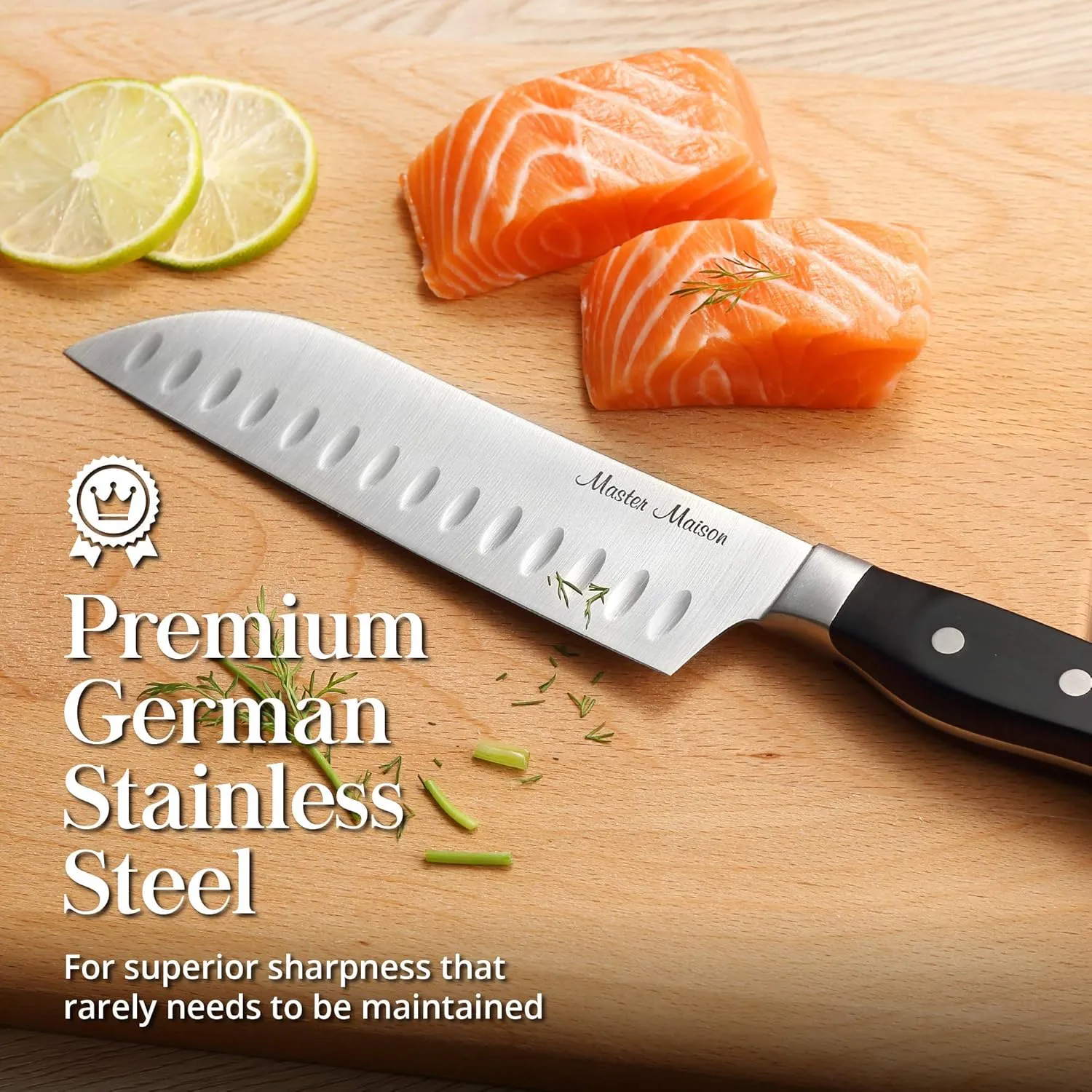 Master Maison 15-Piece Kitchen Knife Set - Wooden Knife Block Set with Sharpener - Chef, Utility, and Steak Knives - Stainless Steel Blades for Professional Cooking - Black