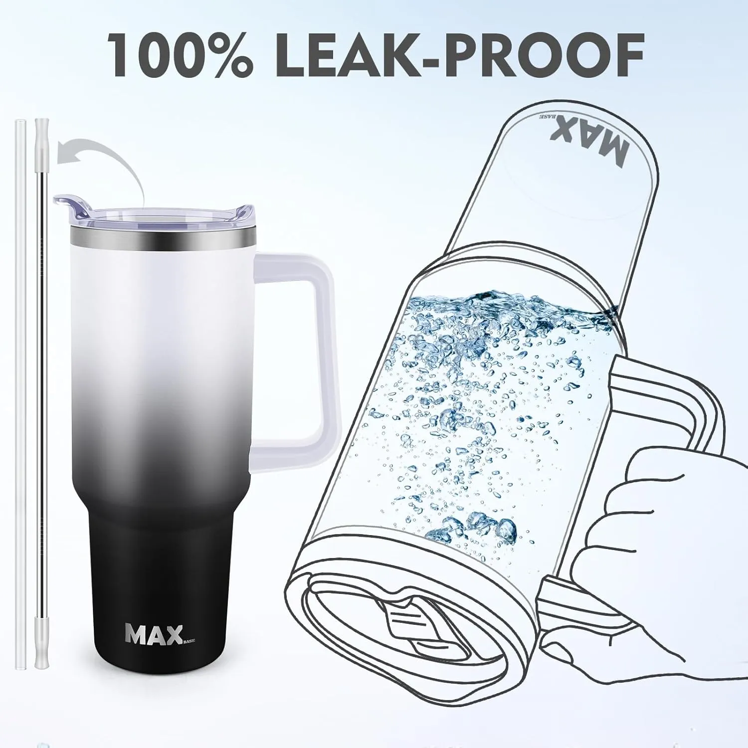 MaxBase 40 Oz Tumbler with Handle and Straw Lid, Insulated Reusable Stainless Steel Travel Mug Keeps Drinks Cold up to 34 Hours, 100% Leakproof Bottle (Ink2)