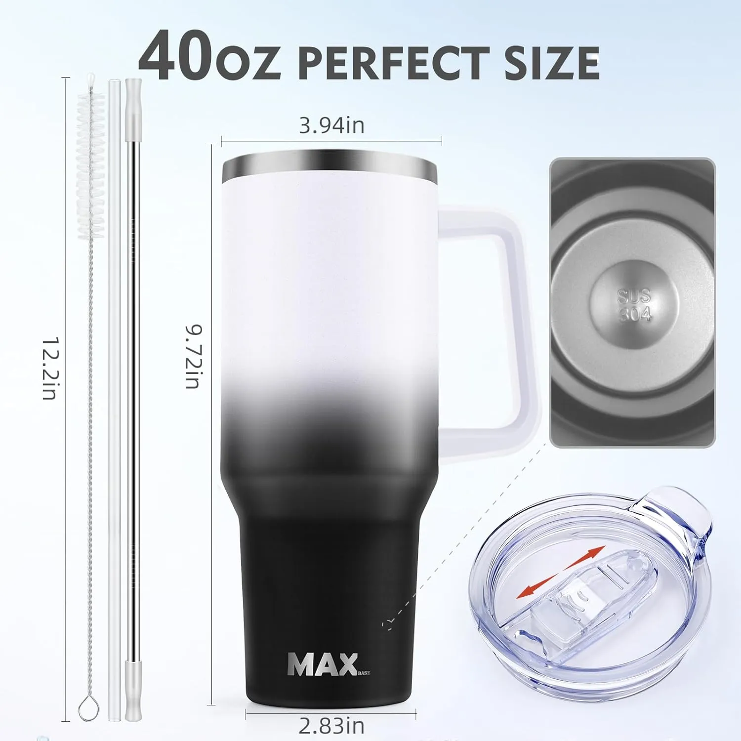 MaxBase 40 Oz Tumbler with Handle and Straw Lid, Insulated Reusable Stainless Steel Travel Mug Keeps Drinks Cold up to 34 Hours, 100% Leakproof Bottle (Ink2)