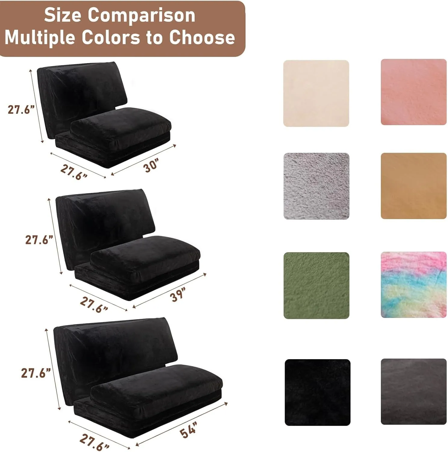MAXYOYO Bean Bag Bed Folding Sofa Bed Floor Mattress for Adults, Extra Thick and Long Faux Fur Floor Sofa with Washable Cover, Full Size Floor Bed Trifold Mattress, Black, 54x95 Inch