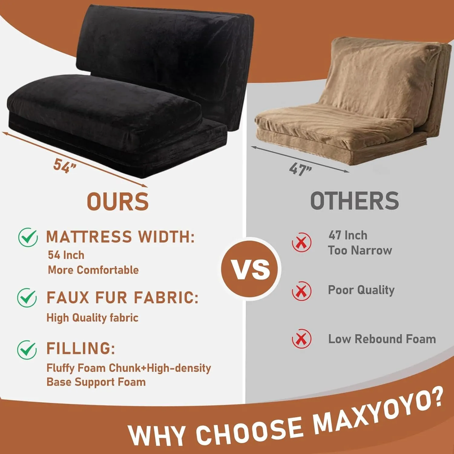 MAXYOYO Bean Bag Bed Folding Sofa Bed Floor Mattress for Adults, Extra Thick and Long Faux Fur Floor Sofa with Washable Cover, Full Size Floor Bed Trifold Mattress, Black, 54x95 Inch
