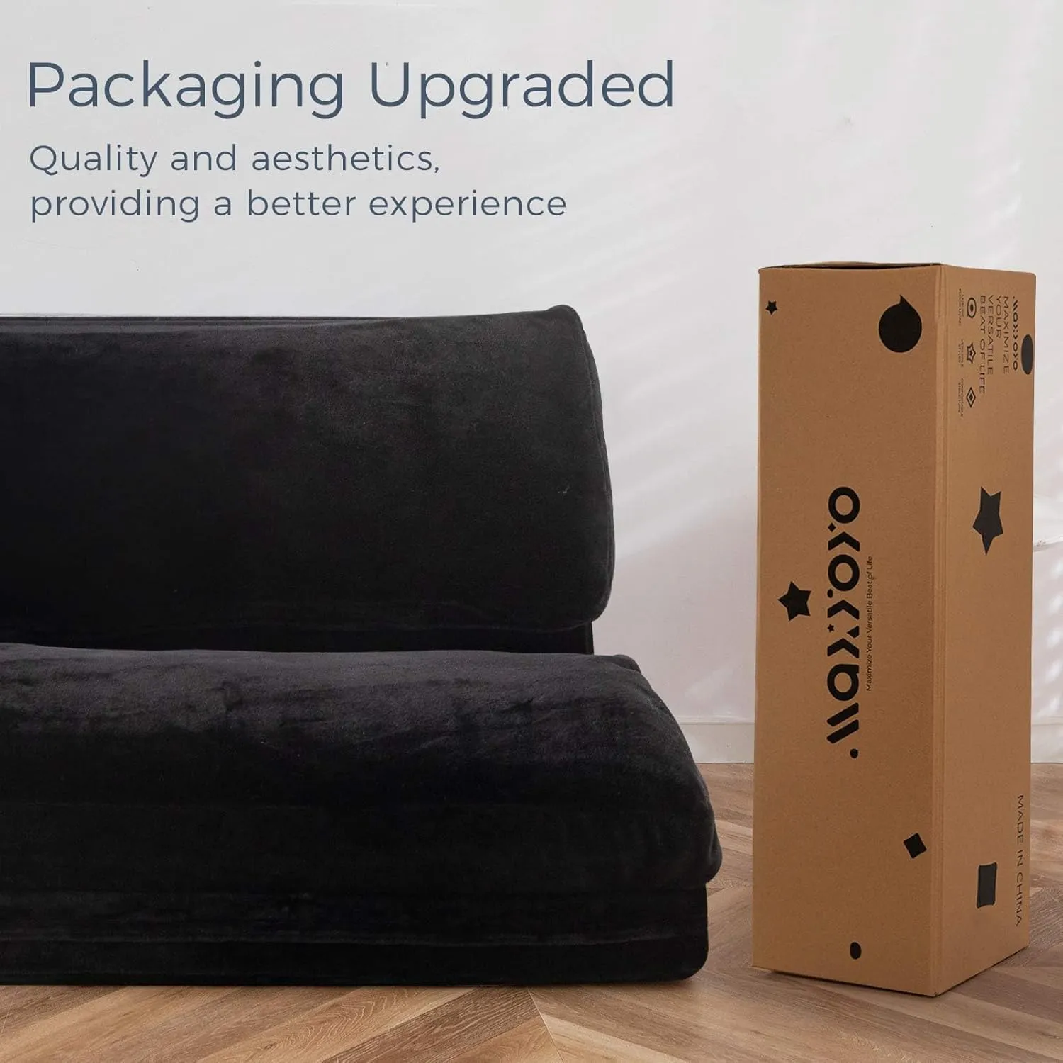 MAXYOYO Bean Bag Bed Folding Sofa Bed Floor Mattress for Adults, Extra Thick and Long Faux Fur Floor Sofa with Washable Cover, Full Size Floor Bed Trifold Mattress, Black, 54x95 Inch