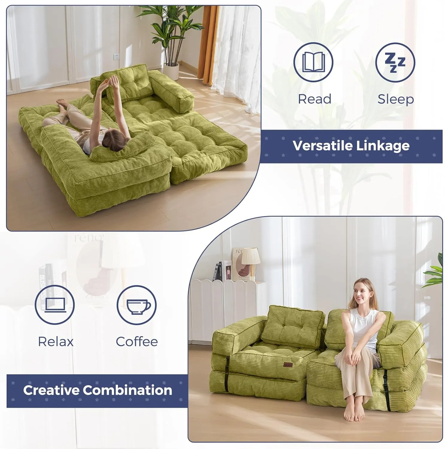 MAXYOYO Folding Sofa Bed, L-Shaped Convertible Sofa Bed with Armrest Foldable Sleeper Sofa with Pillow, Portable Fold Out Chair Bed Comfy Floor Sofa Lounge for Living Room Bedroom, Green