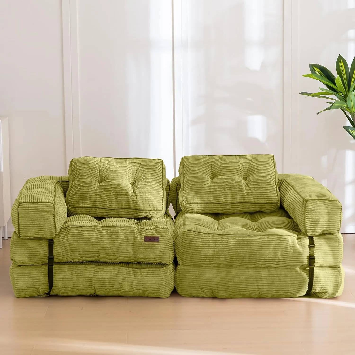 MAXYOYO Folding Sofa Bed, L-Shaped Convertible Sofa Bed with Armrest Foldable Sleeper Sofa with Pillow, Portable Fold Out Chair Bed Comfy Floor Sofa Lounge for Living Room Bedroom, Green