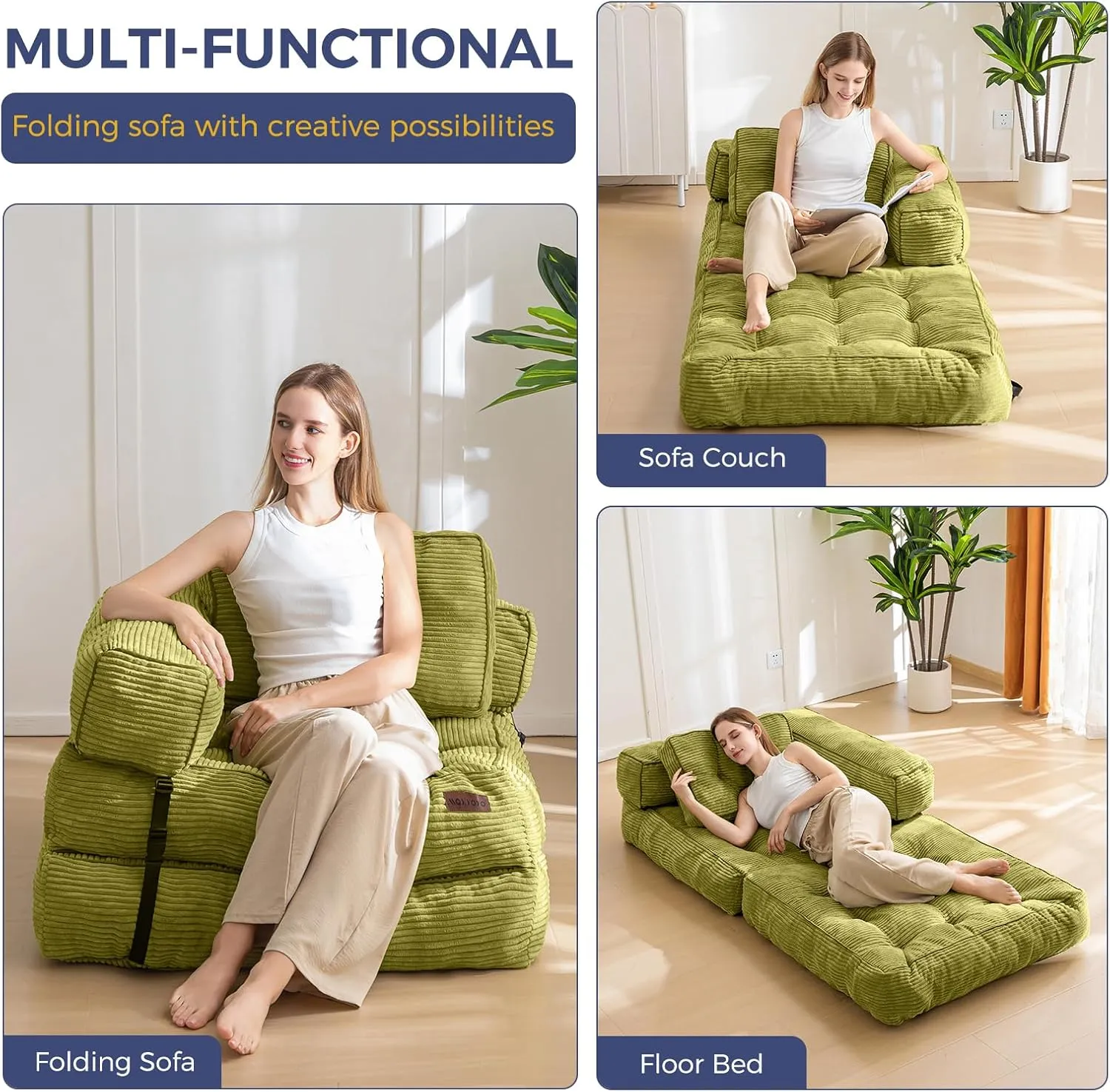 MAXYOYO Folding Sofa Bed, L-Shaped Convertible Sofa Bed with Armrest Foldable Sleeper Sofa with Pillow, Portable Fold Out Chair Bed Comfy Floor Sofa Lounge for Living Room Bedroom, Green