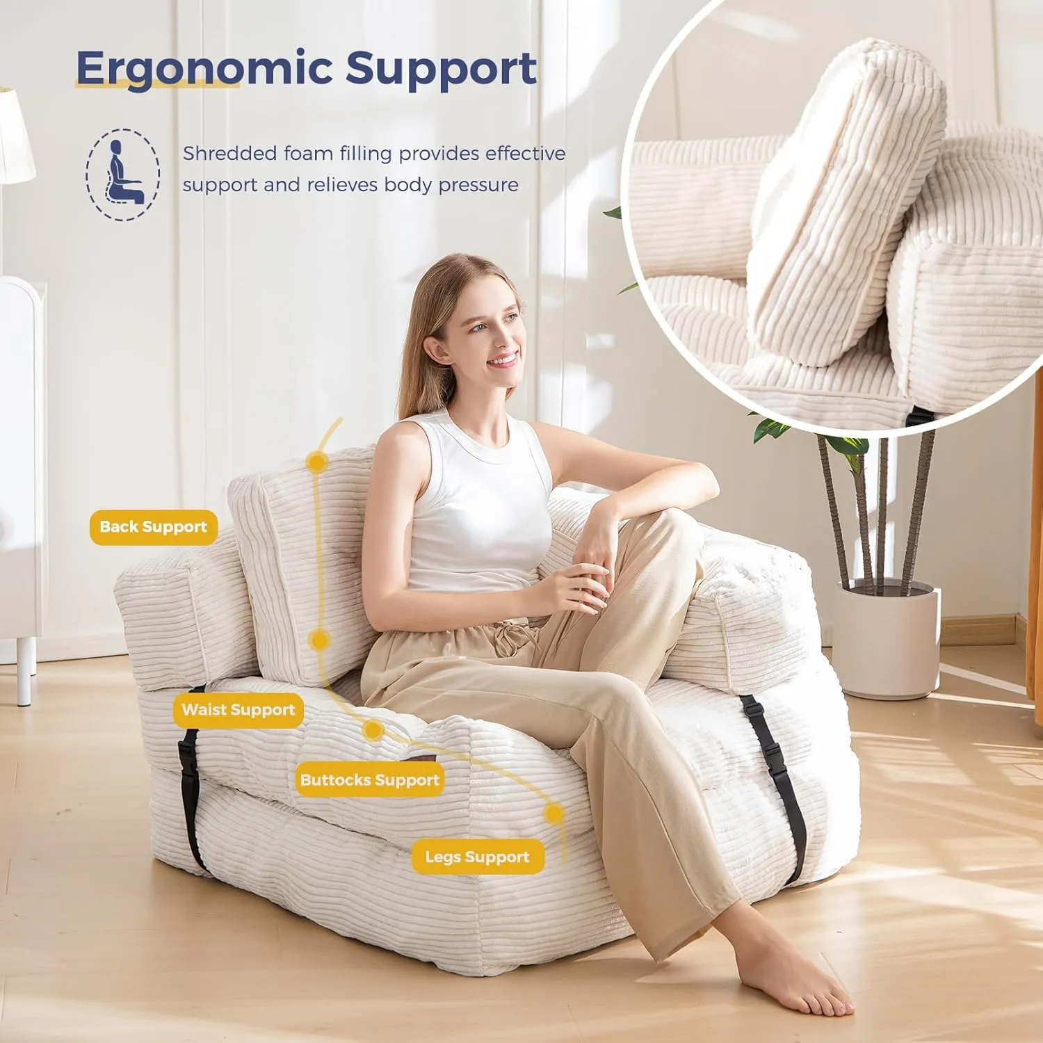 MAXYOYO Folding Sofa Bed, L-Shaped Convertible Sofa Foldable Sleeper Couch with Pillow, Portable Fold Out Chair Bed with Armrest Comfy Floor Lounge for Living Room Bedroom, Beige