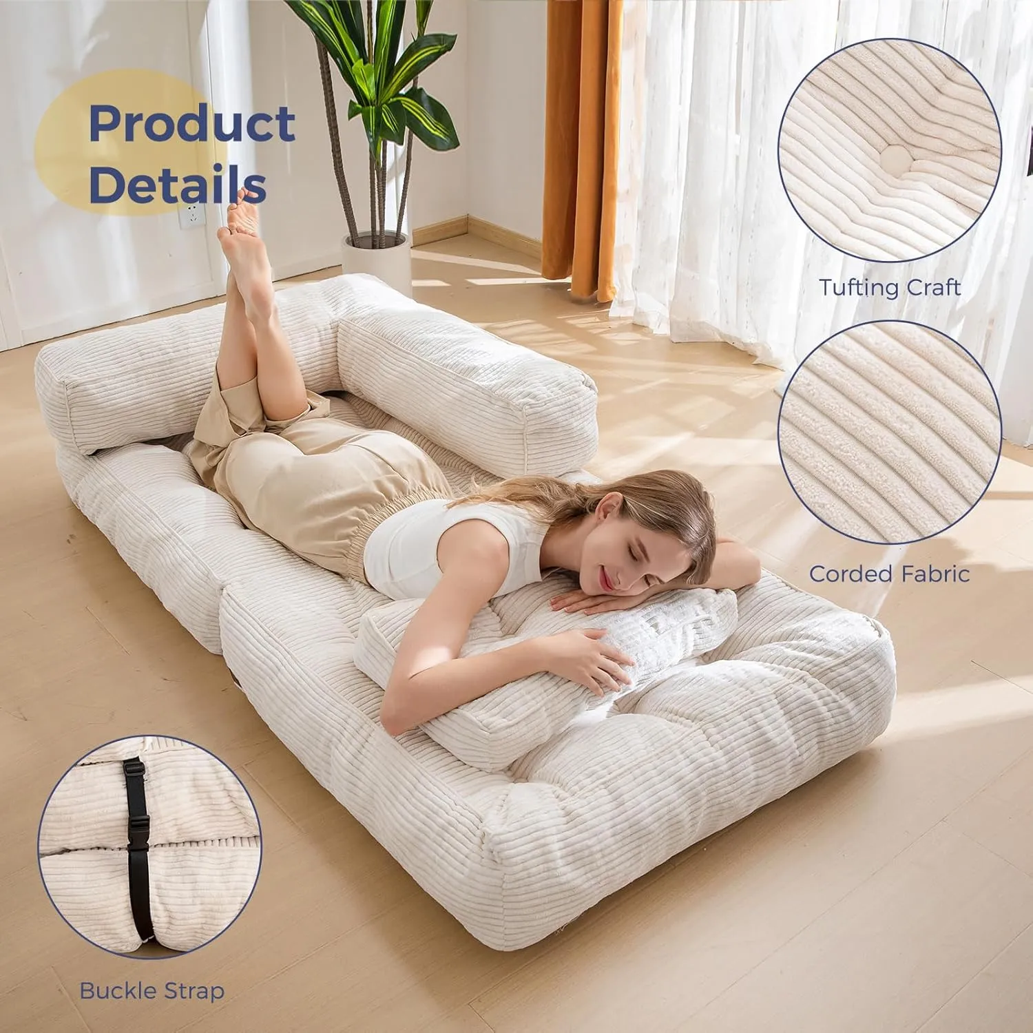 MAXYOYO Folding Sofa Bed, L-Shaped Convertible Sofa Foldable Sleeper Couch with Pillow, Portable Fold Out Chair Bed with Armrest Comfy Floor Lounge for Living Room Bedroom, Beige