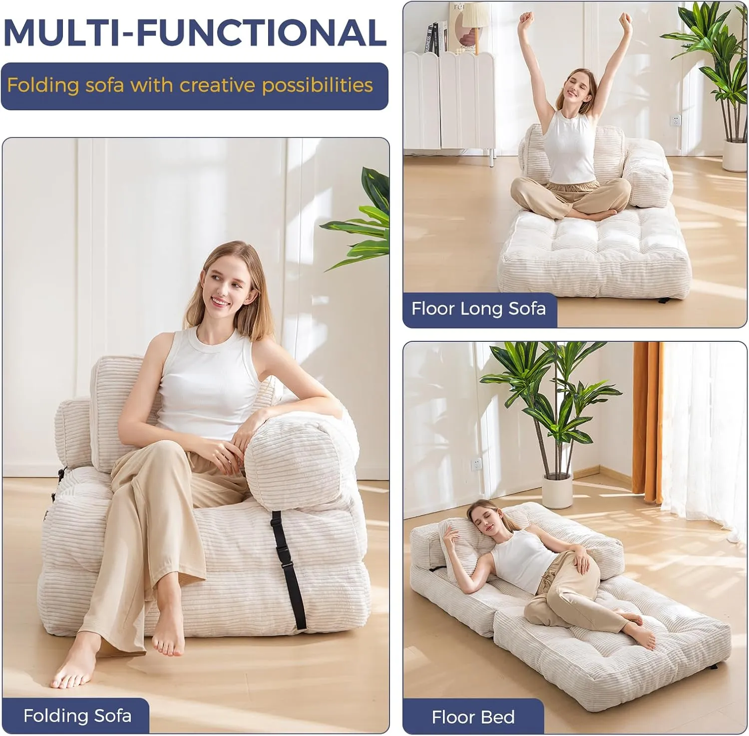 MAXYOYO Folding Sofa Bed, L-Shaped Convertible Sofa Foldable Sleeper Couch with Pillow, Portable Fold Out Chair Bed with Armrest Comfy Floor Lounge for Living Room Bedroom, Beige