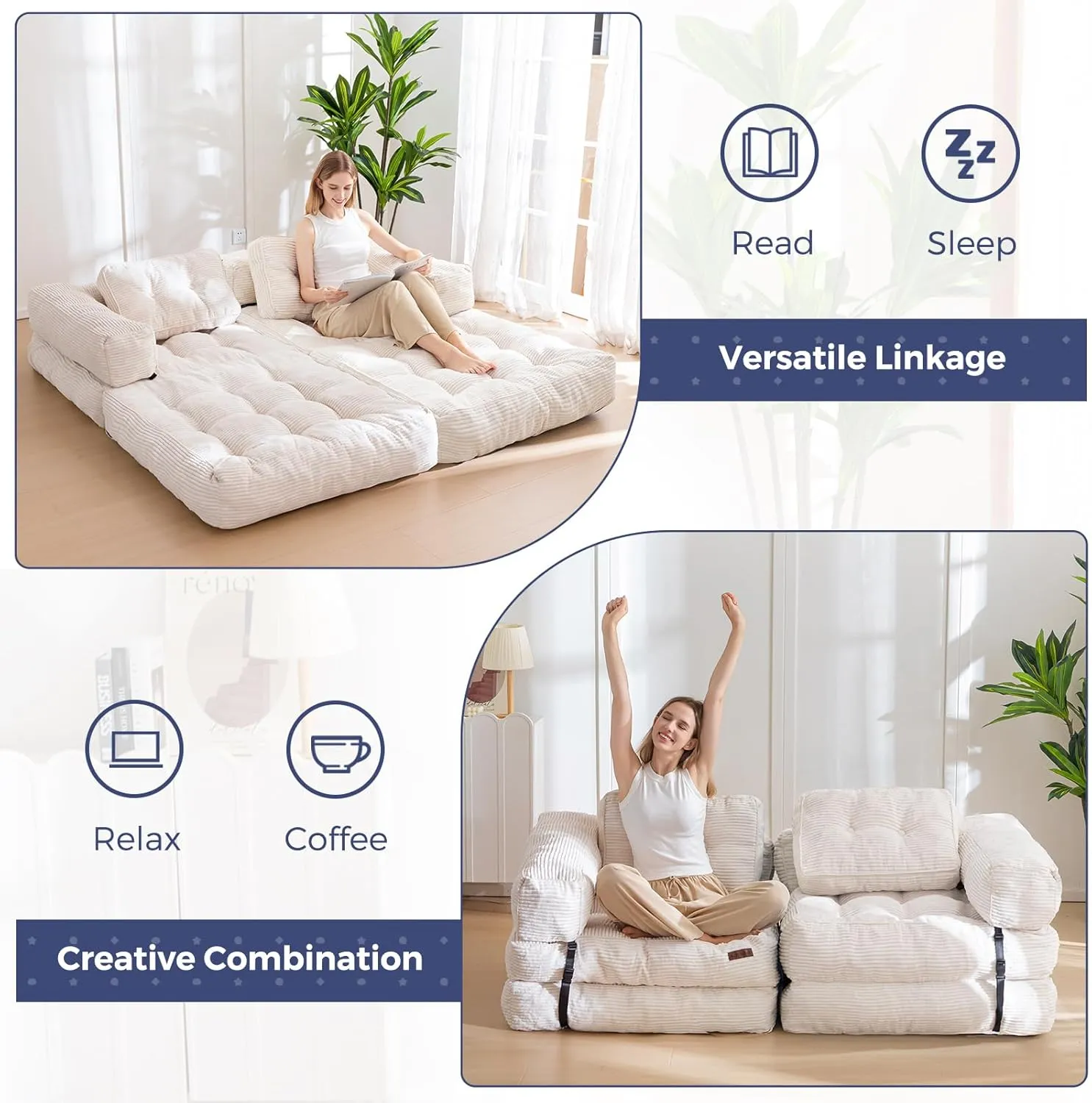 MAXYOYO Folding Sofa Bed, L-Shaped Convertible Sofa Foldable Sleeper Couch with Pillow, Portable Fold Out Chair Bed with Armrest Comfy Floor Lounge for Living Room Bedroom, Beige