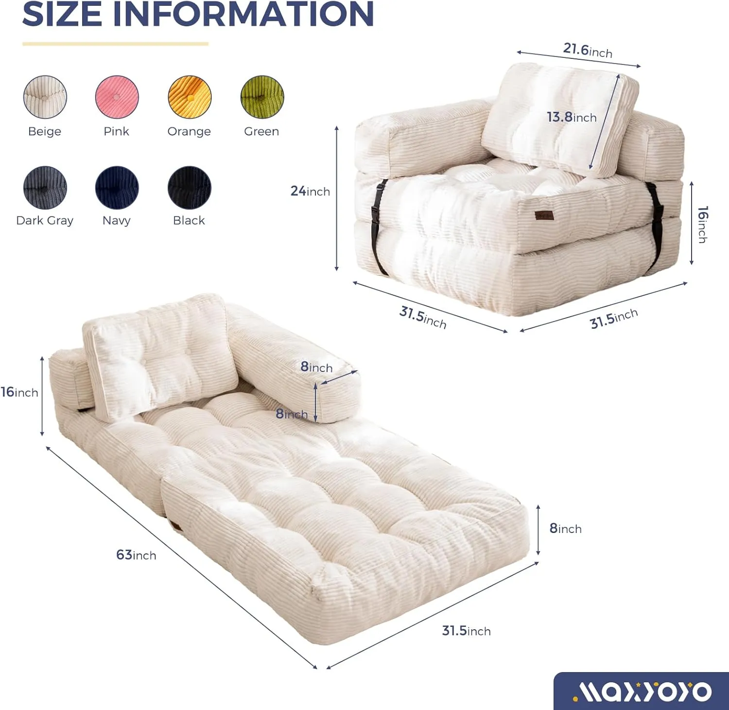 MAXYOYO Folding Sofa Bed, L-Shaped Convertible Sofa Foldable Sleeper Couch with Pillow, Portable Fold Out Chair Bed with Armrest Comfy Floor Lounge for Living Room Bedroom, Beige