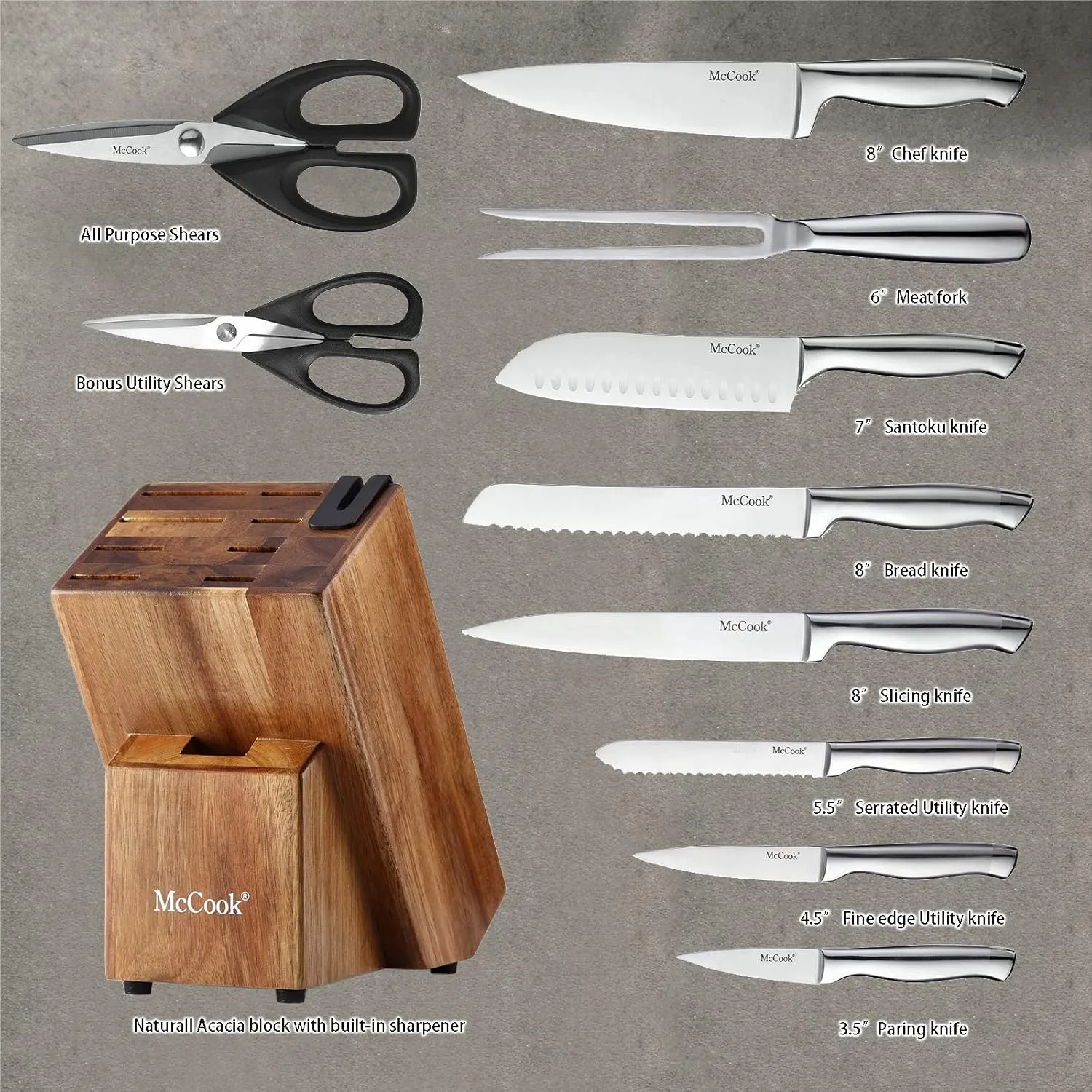 McCook® Knife Sets with Built-in Sharpener,German Stainless Steel Hollow Handle Kitchen Knives Set in Acacia Block