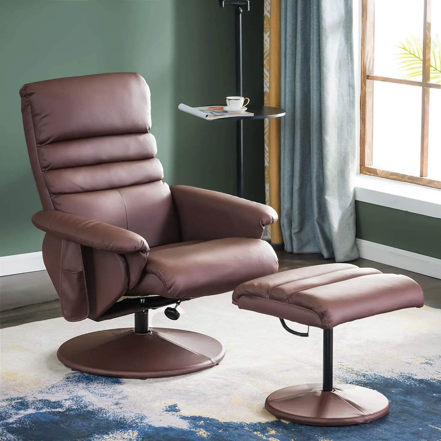 MCombo Recliner Chair with Ottoman, Swivel Living Room Chairs, Faux Leather Reclining Chair with Massage 7902 (Light Brown)