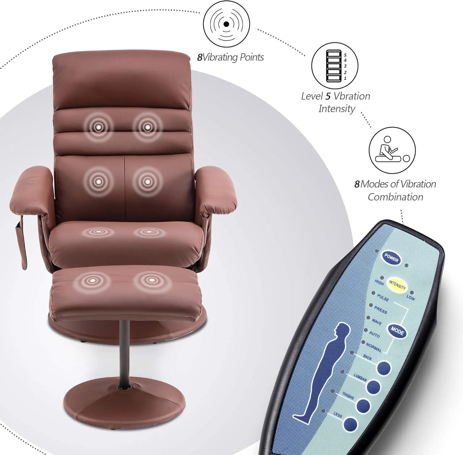MCombo Recliner Chair with Ottoman, Swivel Living Room Chairs, Faux Leather Reclining Chair with Massage 7902 (Light Brown)