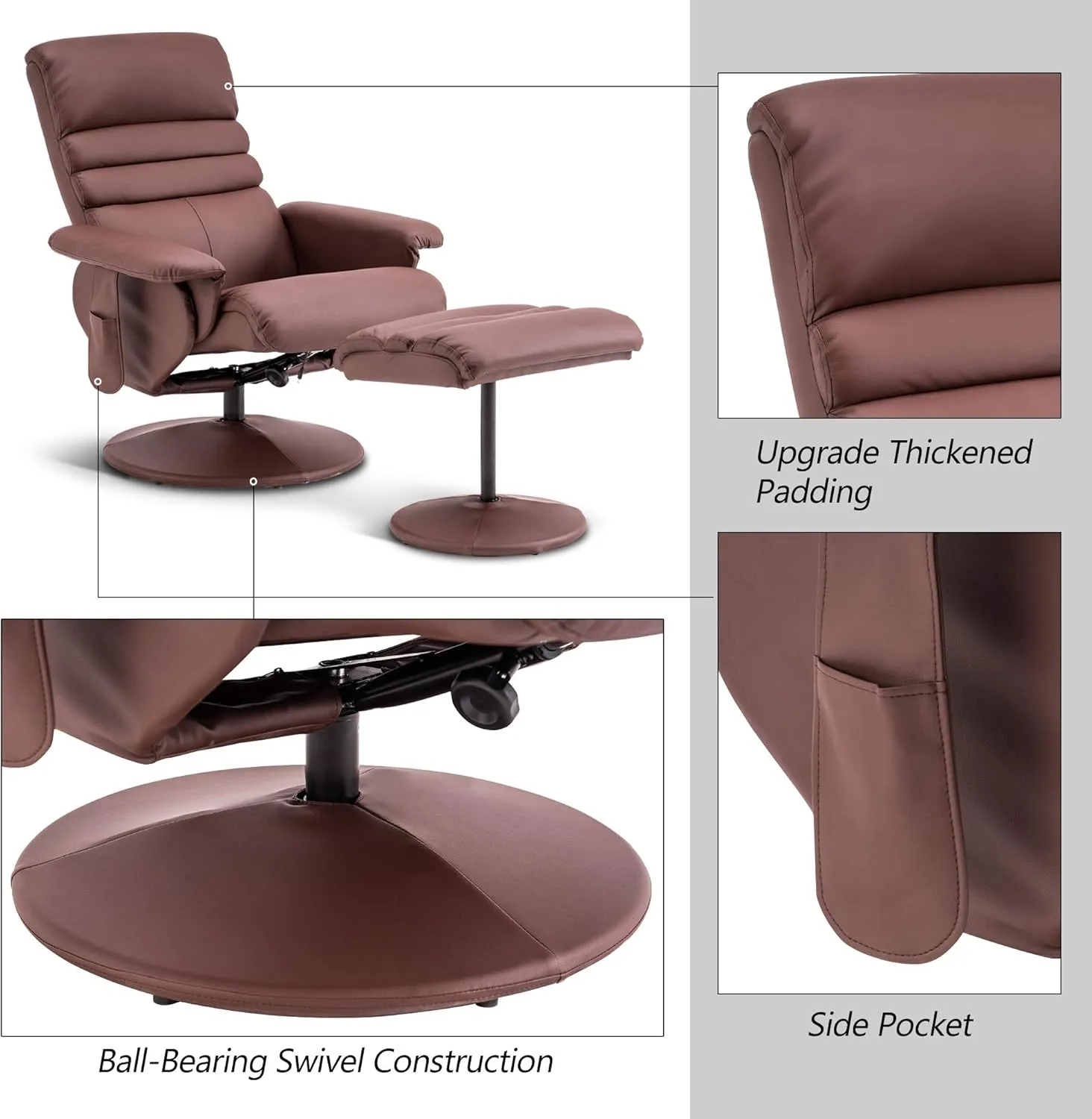 MCombo Recliner Chair with Ottoman, Swivel Living Room Chairs, Faux Leather Reclining Chair with Massage 7902 (Light Brown)