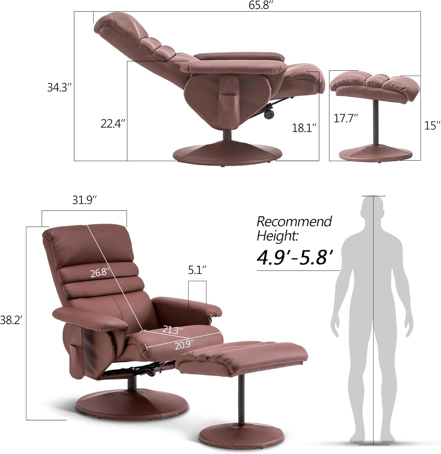 MCombo Recliner Chair with Ottoman, Swivel Living Room Chairs, Faux Leather Reclining Chair with Massage 7902 (Light Brown)