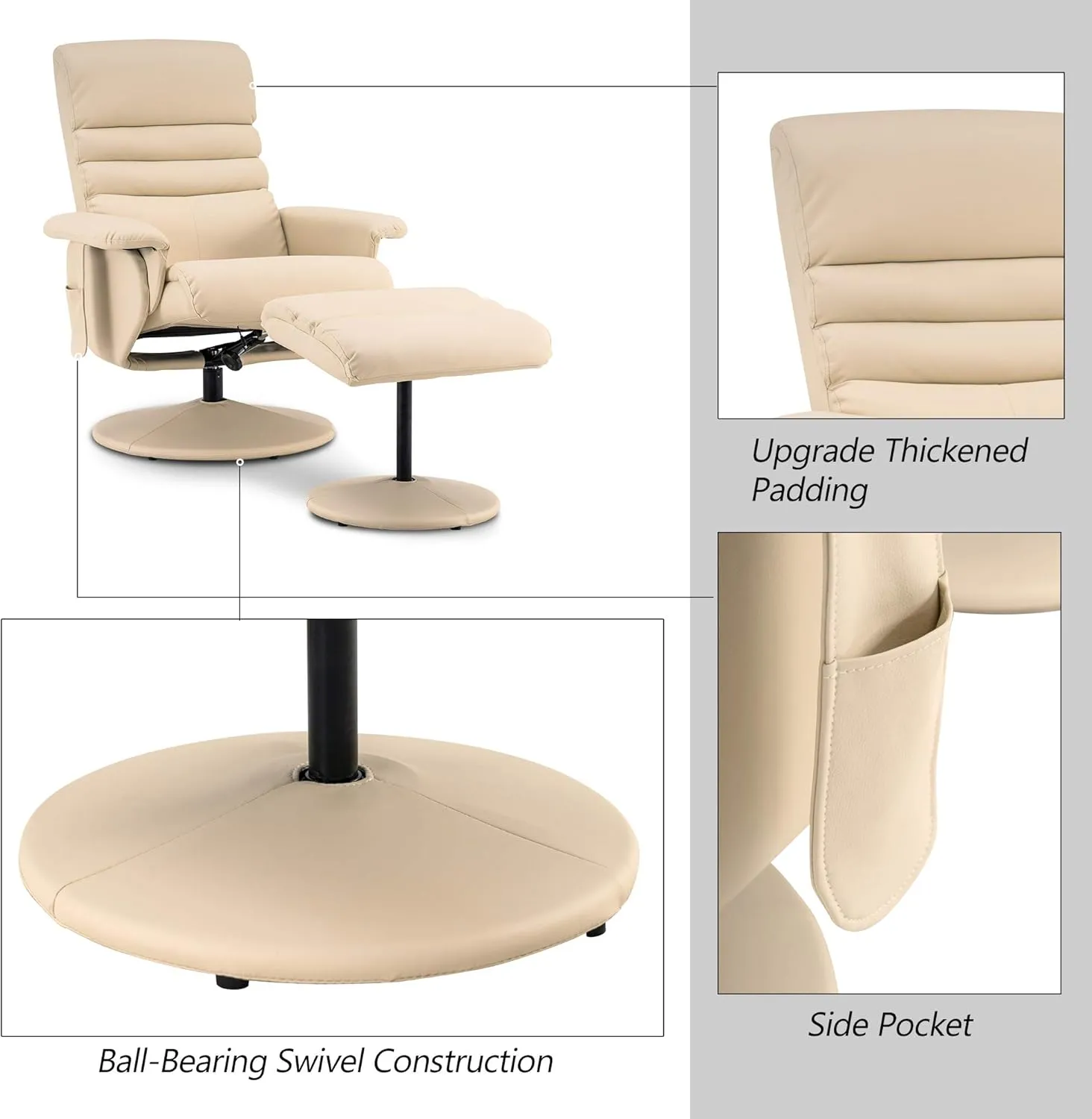 MCombo Recliner with Ottoman, Reclining Chair with Massage, 360 Swivel Living Room Chair Faux Leather 7902 (Cream White)