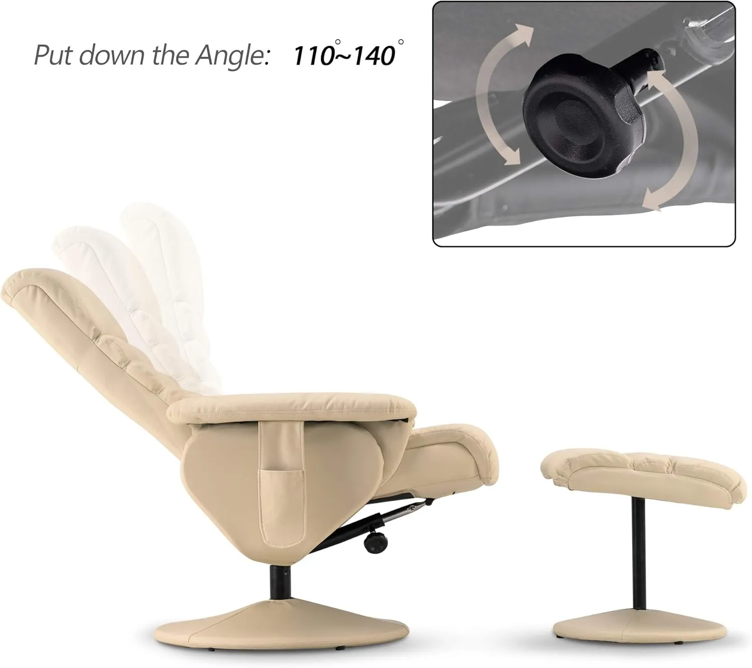 MCombo Recliner with Ottoman, Reclining Chair with Massage, 360 Swivel Living Room Chair Faux Leather 7902 (Cream White)