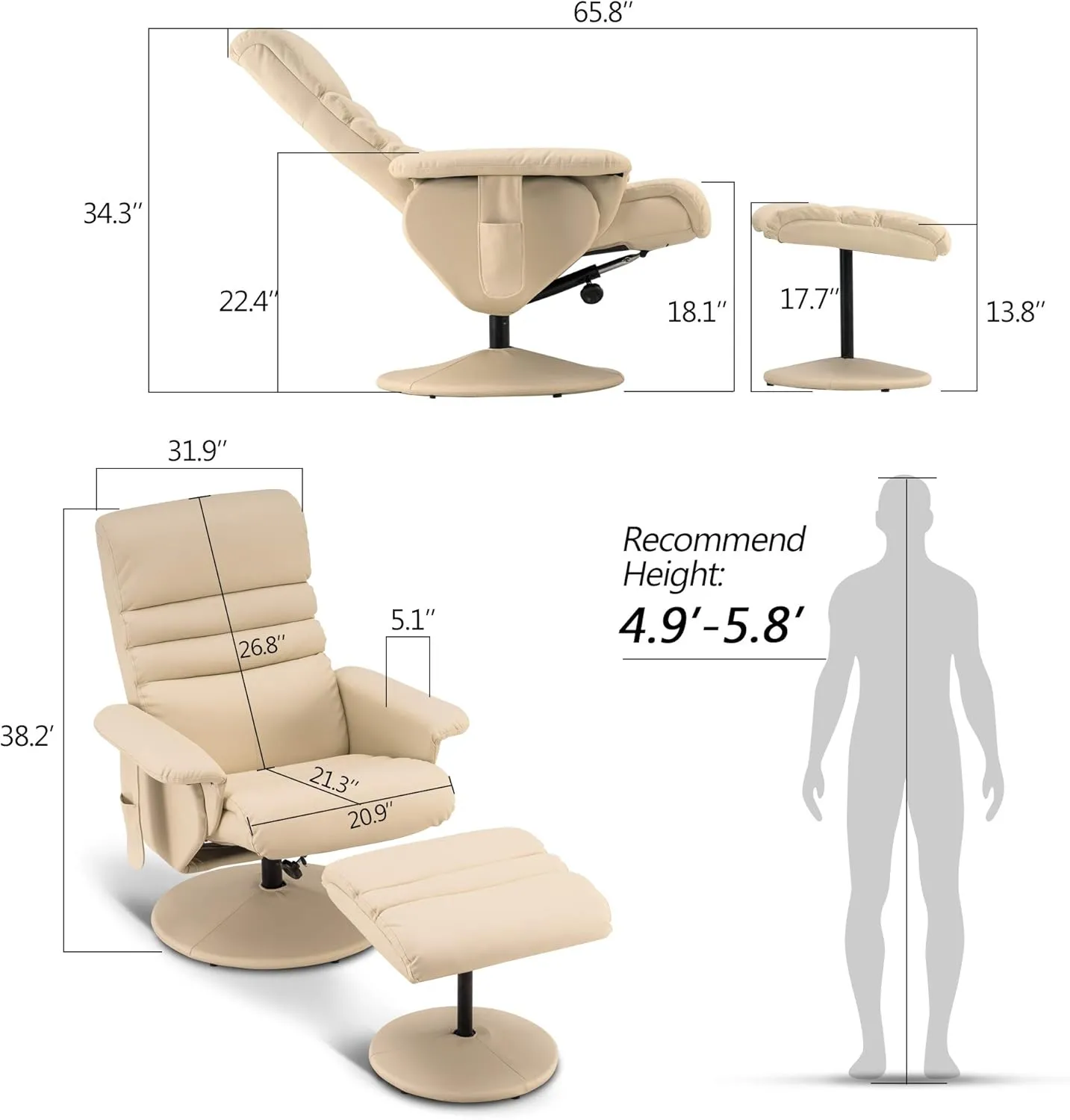 MCombo Recliner with Ottoman, Reclining Chair with Massage, 360 Swivel Living Room Chair Faux Leather 7902 (Cream White)