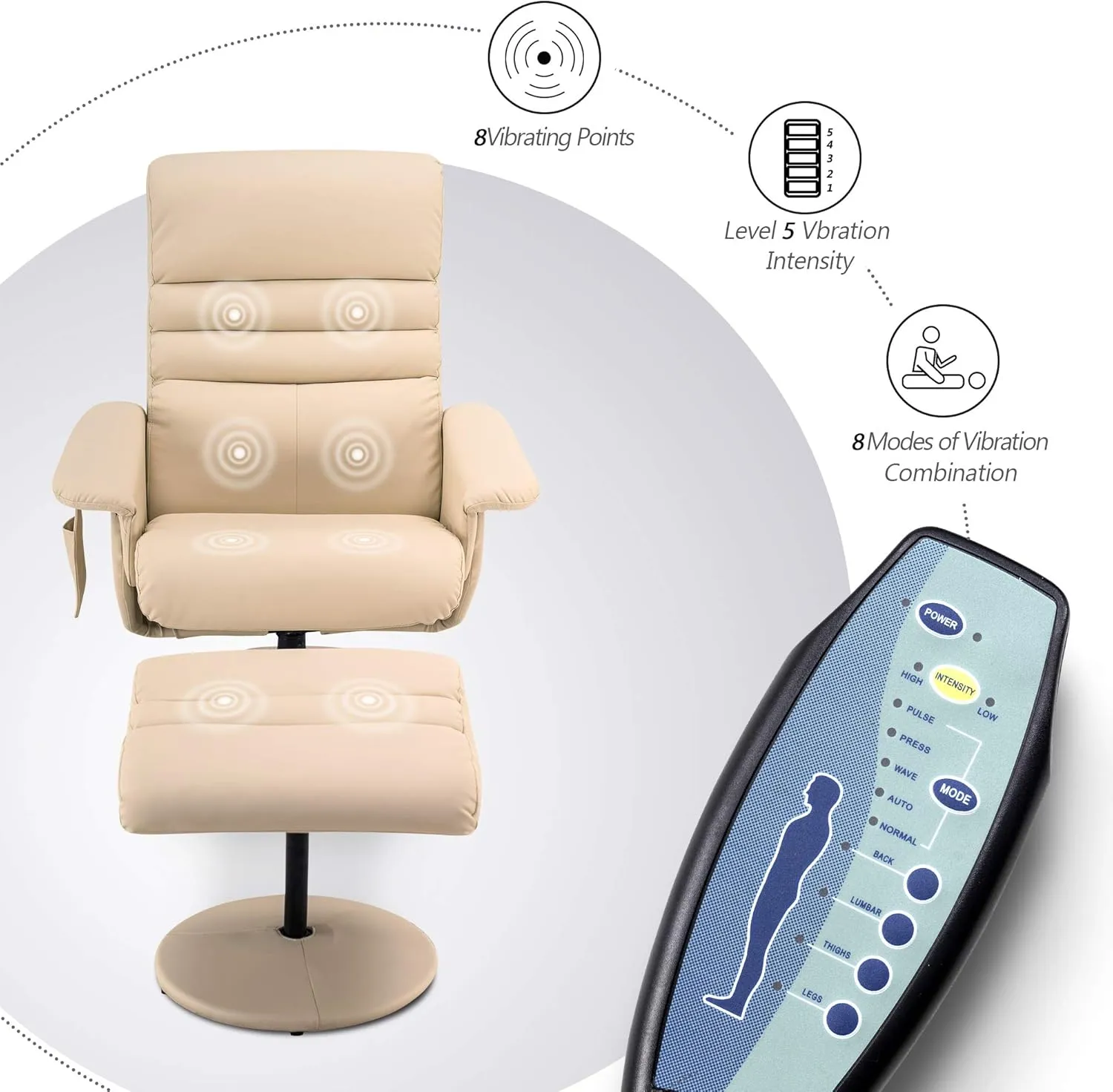 MCombo Recliner with Ottoman, Reclining Chair with Massage, 360 Swivel Living Room Chair Faux Leather 7902 (Cream White)