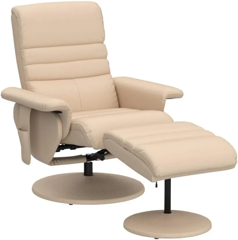 MCombo Recliner with Ottoman, Reclining Chair with Massage, 360 Swivel Living Room Chair Faux Leather 7902 (Cream White)
