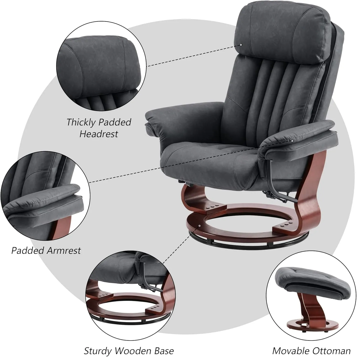 MCombo Swivel Recliner with Ottoman, Chenille Fabric TV Chair with Vibration Massage, Ideal for Small Space, Living Room & Bedroom (Faux Leather, Dark Grey)