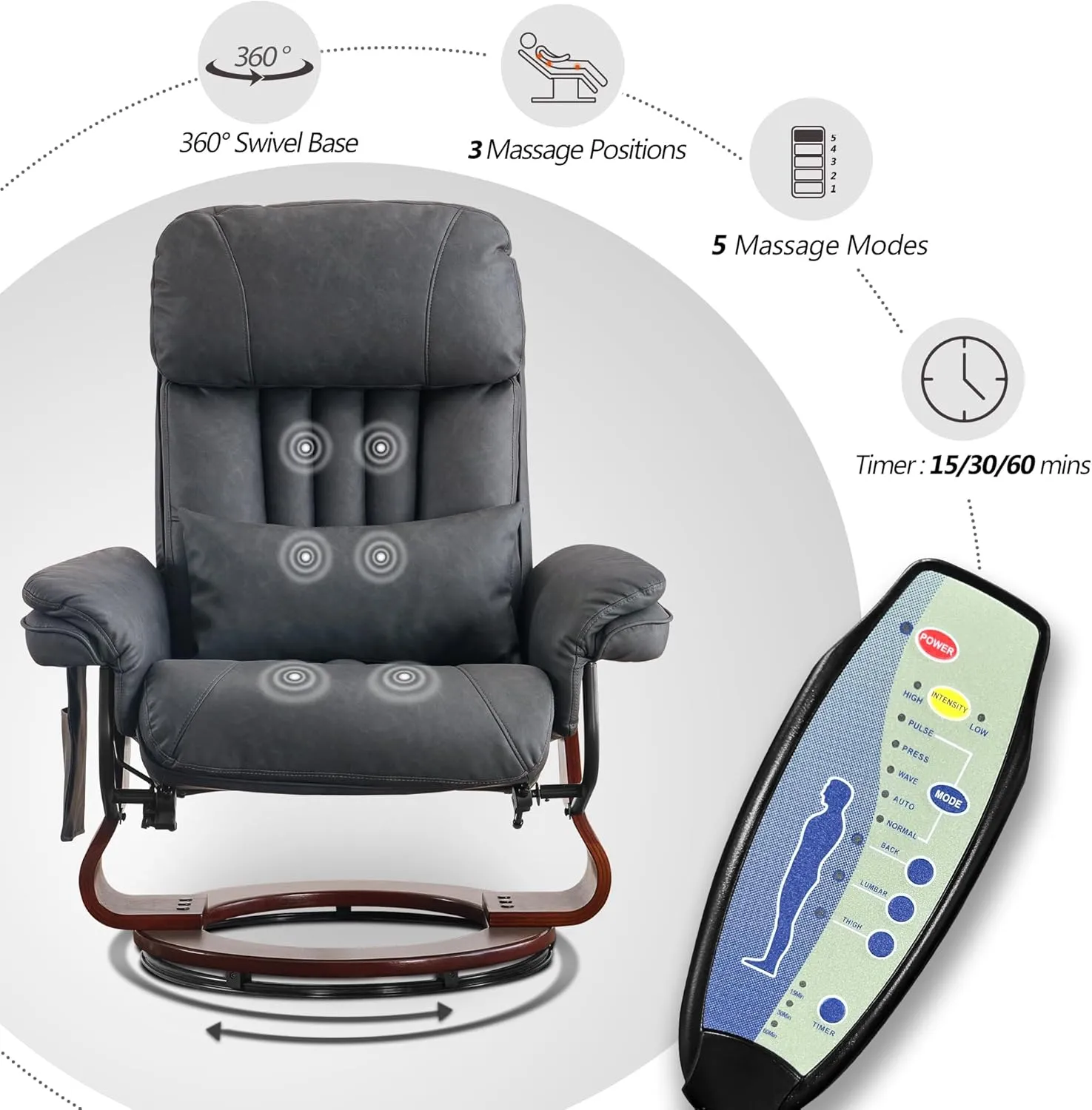 MCombo Swivel Recliner with Ottoman, Chenille Fabric TV Chair with Vibration Massage, Ideal for Small Space, Living Room & Bedroom (Faux Leather, Dark Grey)