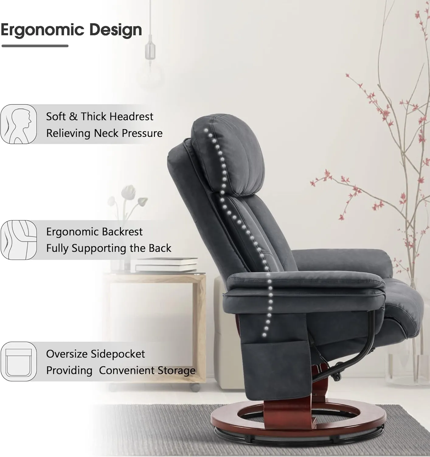 MCombo Swivel Recliner with Ottoman, Chenille Fabric TV Chair with Vibration Massage, Ideal for Small Space, Living Room & Bedroom (Faux Leather, Dark Grey)