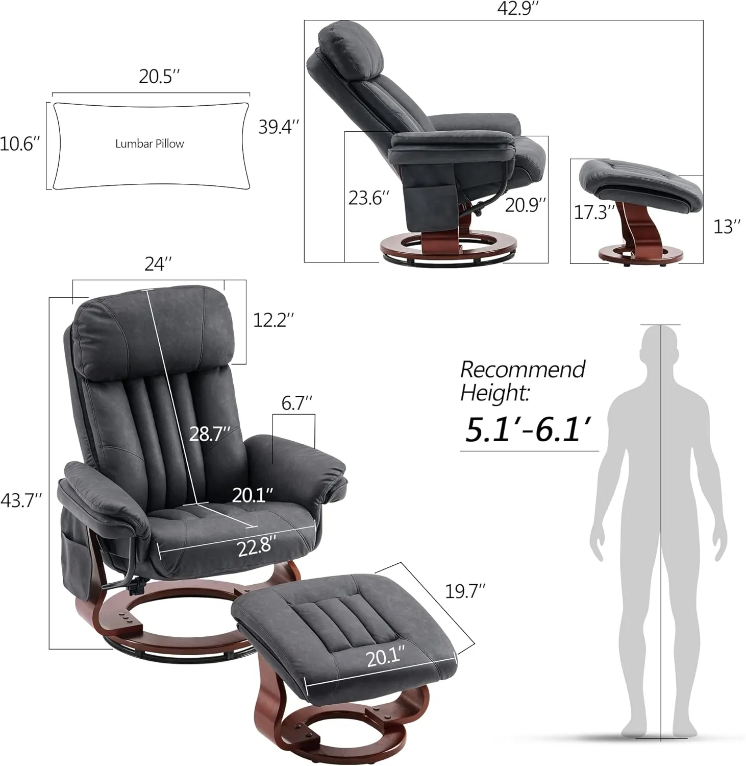MCombo Swivel Recliner with Ottoman, Chenille Fabric TV Chair with Vibration Massage, Ideal for Small Space, Living Room & Bedroom (Faux Leather, Dark Grey)