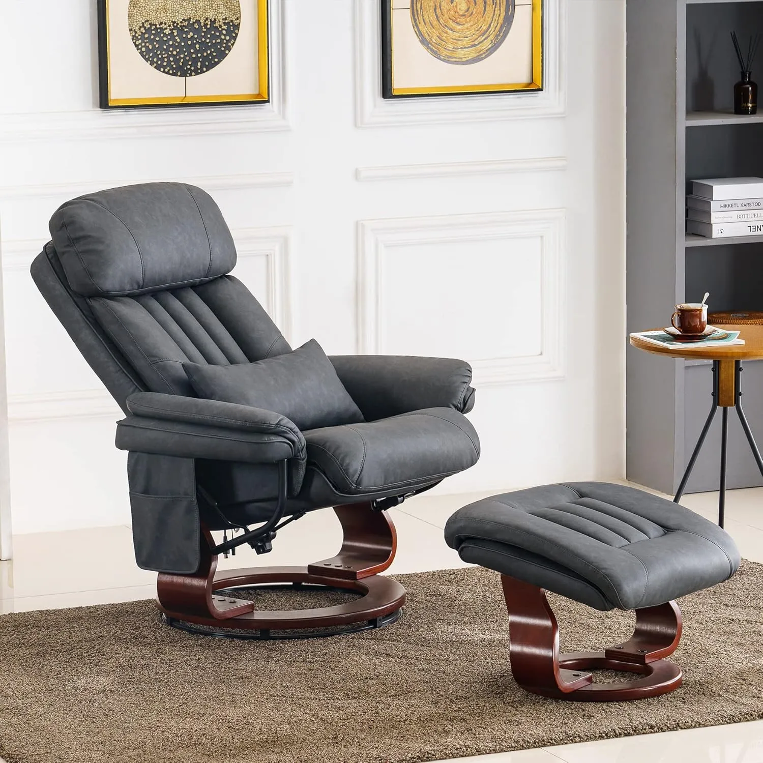 MCombo Swivel Recliner with Ottoman, Chenille Fabric TV Chair with Vibration Massage, Ideal for Small Space, Living Room & Bedroom (Faux Leather, Dark Grey)