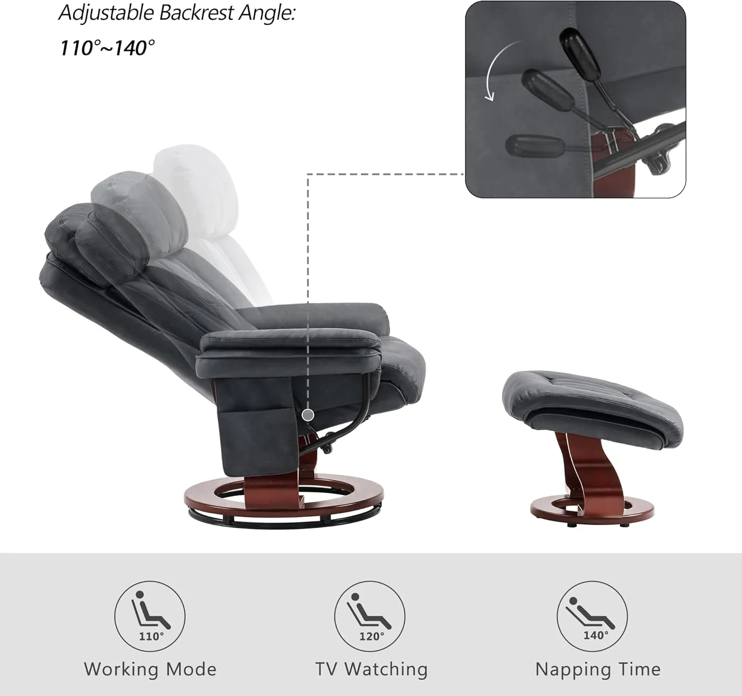 MCombo Swivel Recliner with Ottoman, Chenille Fabric TV Chair with Vibration Massage, Ideal for Small Space, Living Room & Bedroom (Faux Leather, Dark Grey)