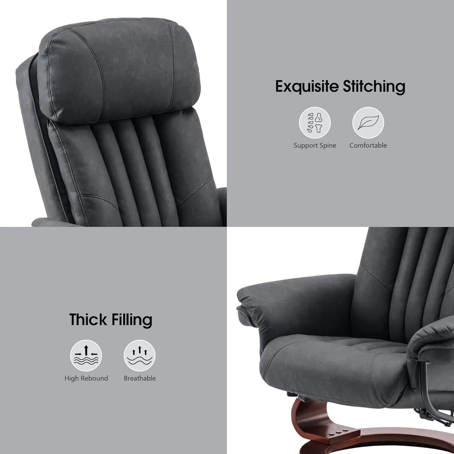 MCombo Swivel Recliner with Ottoman, Chenille Fabric TV Chair with Vibration Massage, Ideal for Small Space, Living Room & Bedroom (Faux Leather, Dark Grey)
