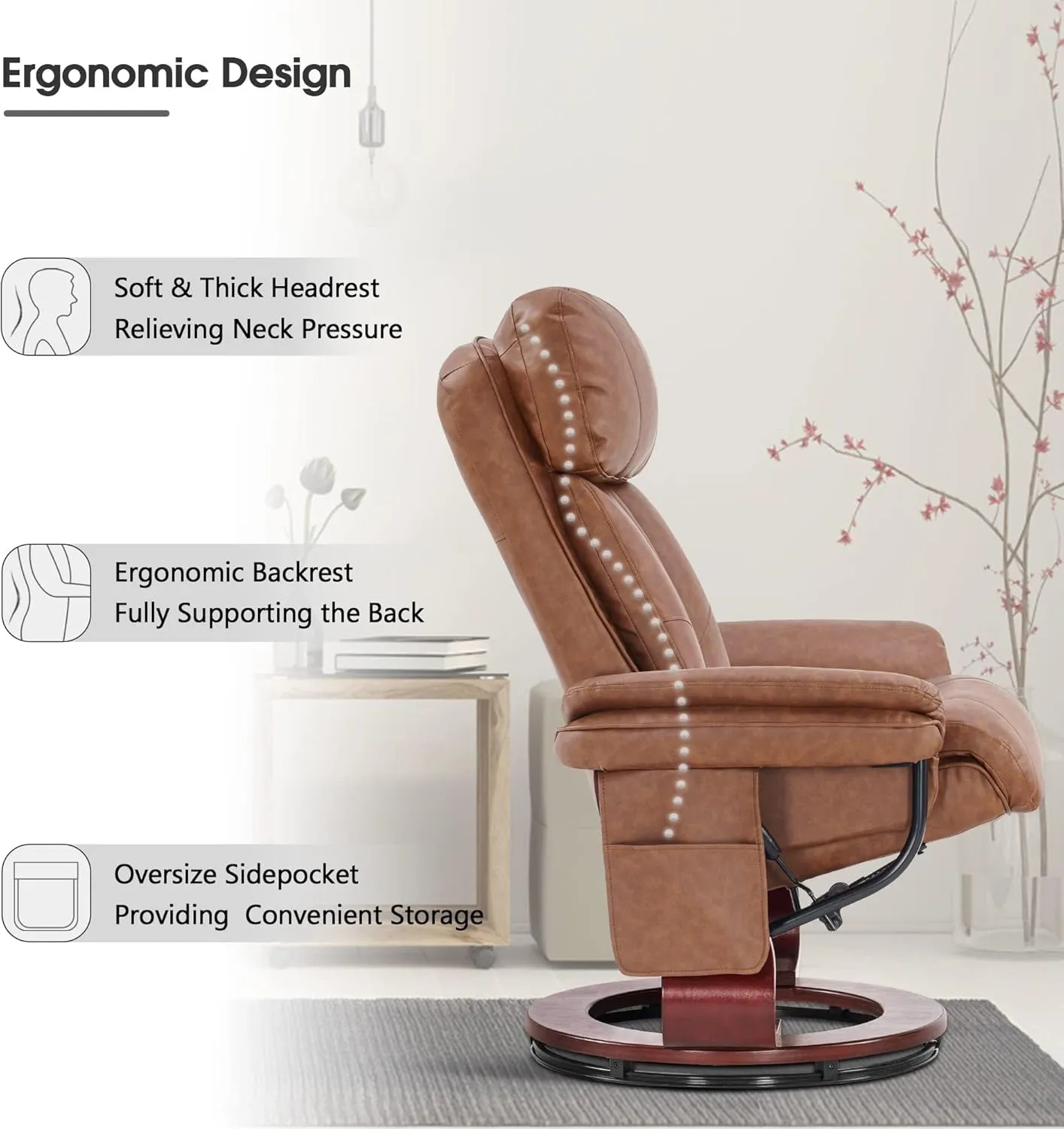 MCombo Swivel Recliner with Ottoman, TV Chair with Vibration Massage, Ideal for Small Space, RV, Living Room & Bedroom 4687 4999 (Faux Leather, Saddle)