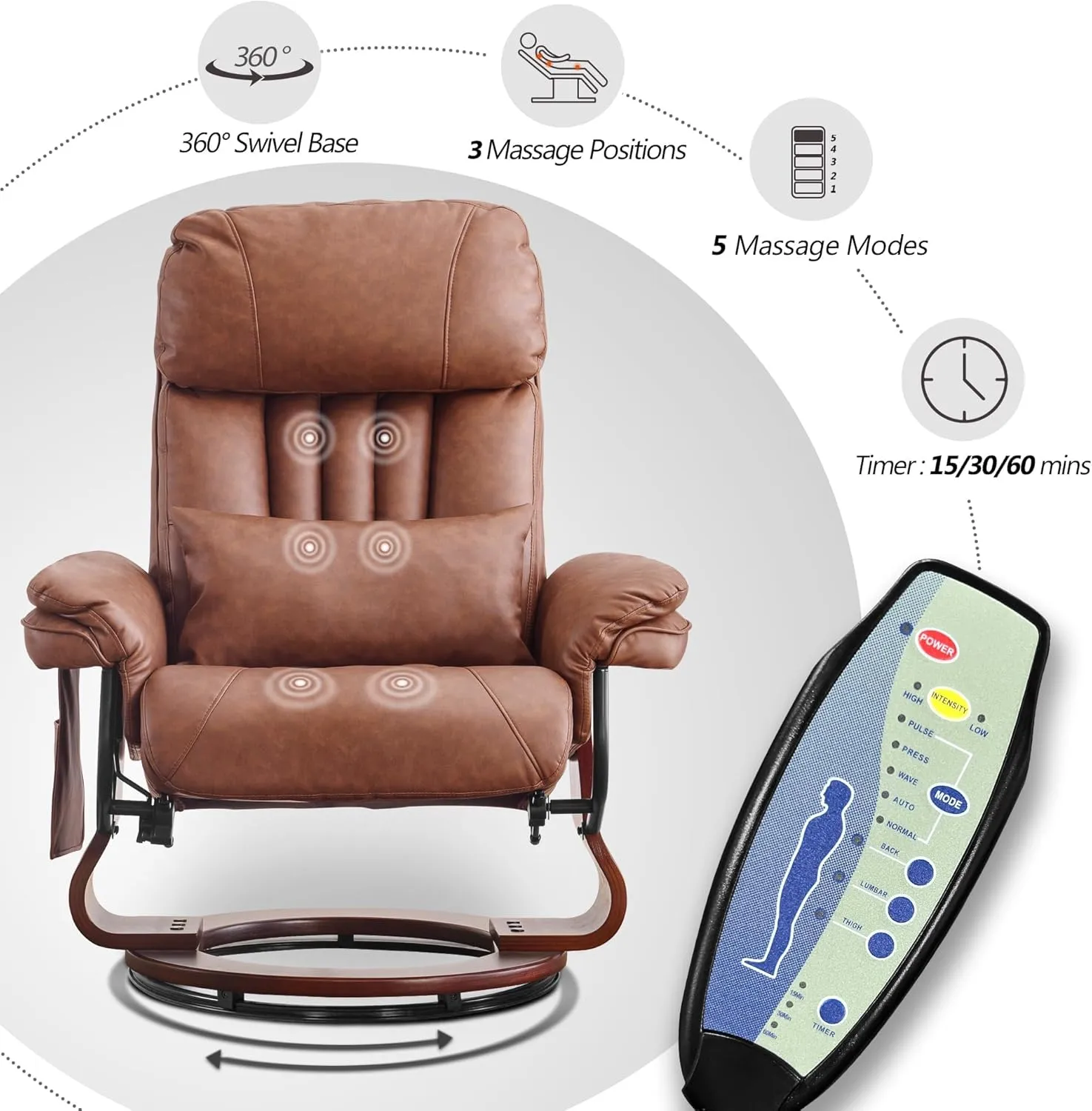MCombo Swivel Recliner with Ottoman, TV Chair with Vibration Massage, Ideal for Small Space, RV, Living Room & Bedroom 4687 4999 (Faux Leather, Saddle)