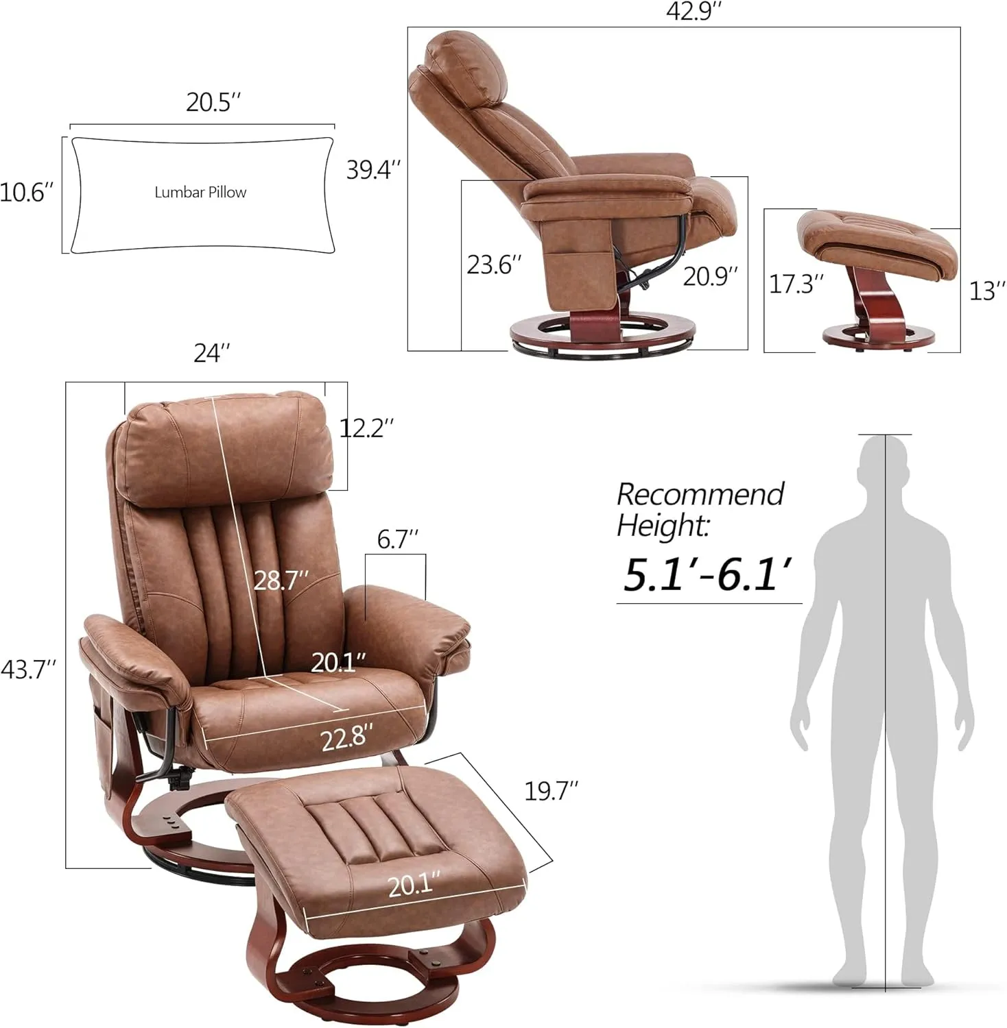 MCombo Swivel Recliner with Ottoman, TV Chair with Vibration Massage, Ideal for Small Space, RV, Living Room & Bedroom 4687 4999 (Faux Leather, Saddle)