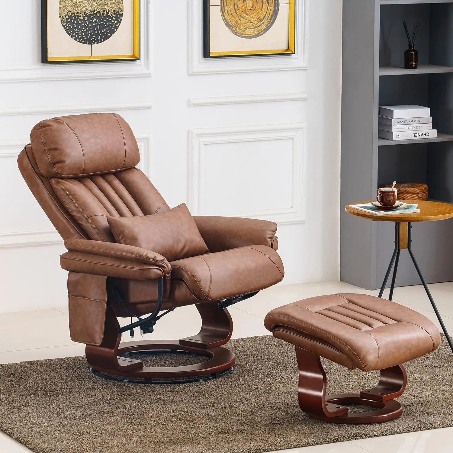 MCombo Swivel Recliner with Ottoman, TV Chair with Vibration Massage, Ideal for Small Space, RV, Living Room & Bedroom 4687 4999 (Faux Leather, Saddle)