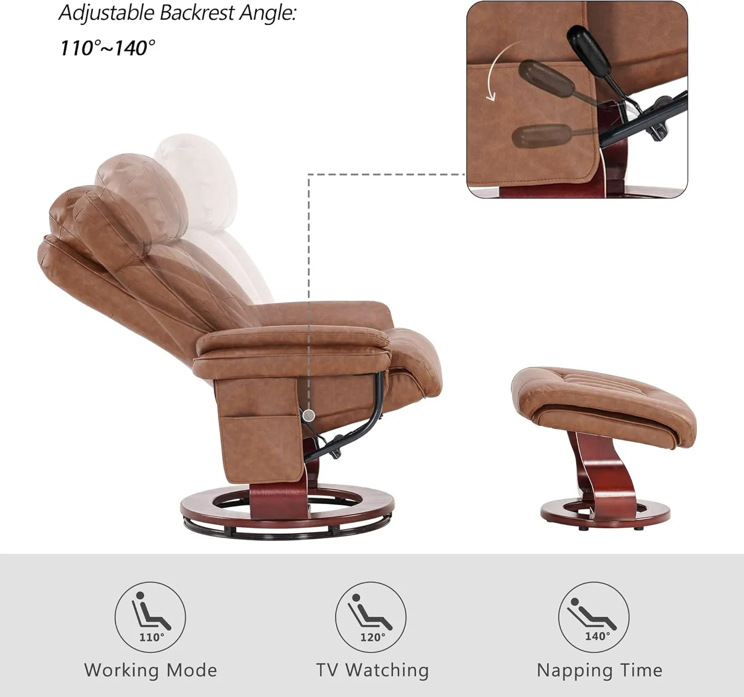 MCombo Swivel Recliner with Ottoman, TV Chair with Vibration Massage, Ideal for Small Space, RV, Living Room & Bedroom 4687 4999 (Faux Leather, Saddle)