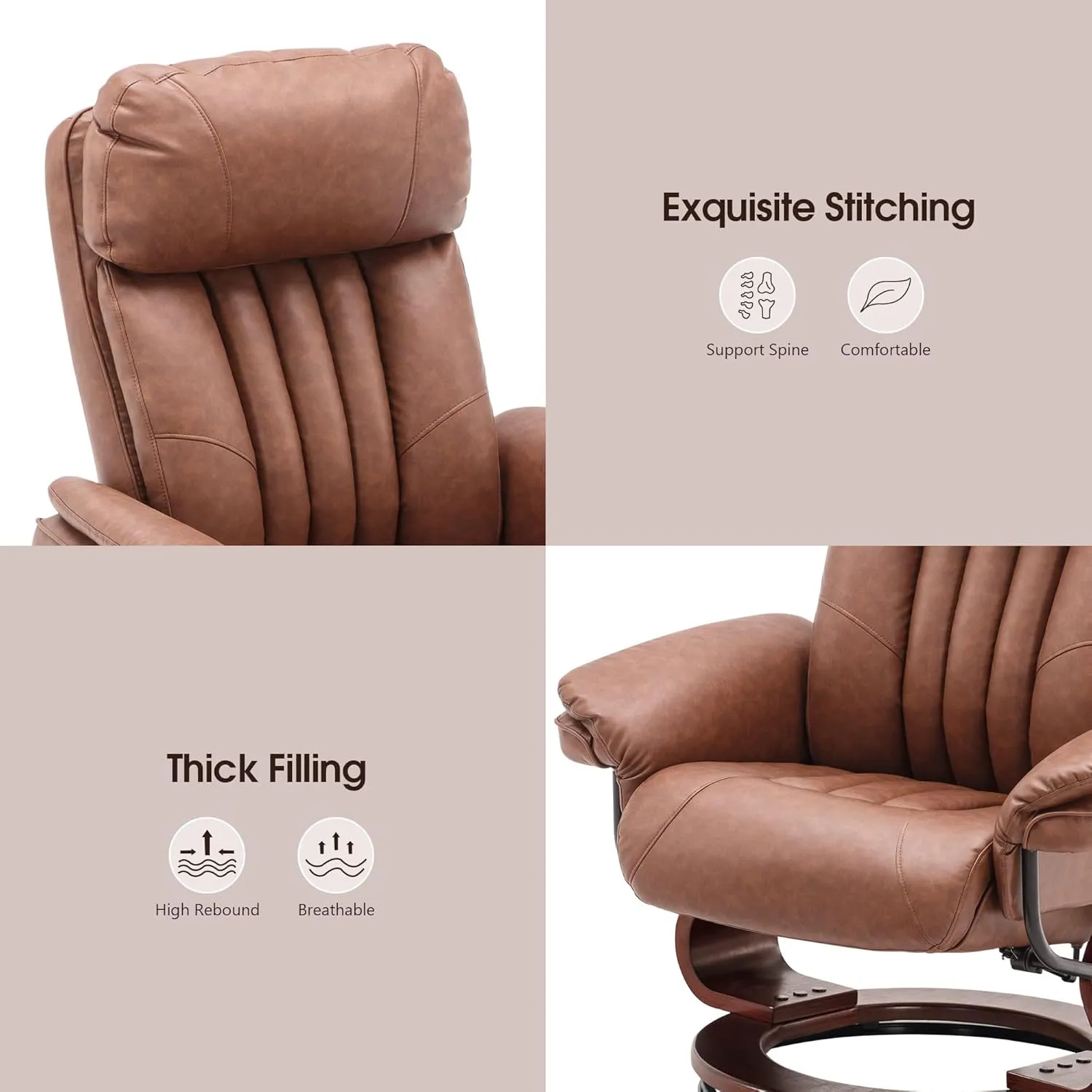 MCombo Swivel Recliner with Ottoman, TV Chair with Vibration Massage, Ideal for Small Space, RV, Living Room & Bedroom 4687 4999 (Faux Leather, Saddle)
