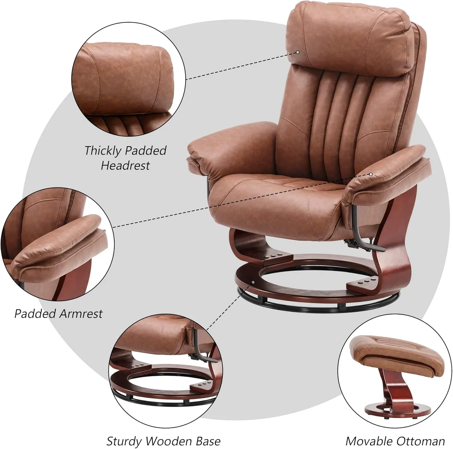 MCombo Swivel Recliner with Ottoman, TV Chair with Vibration Massage, Ideal for Small Space, RV, Living Room & Bedroom 4687 4999 (Faux Leather, Saddle)