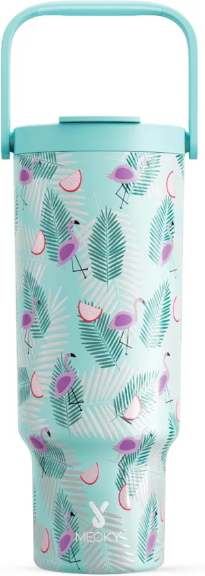 Meoky 40 oz Tumbler with Handle and Straw, Insulated Water Bottle, Stainless Steel Travel Mug, Keeps Cold for 34 Hours, 100% Leak Proof, Fits in Car Cup Holder (Blue Flamingo)